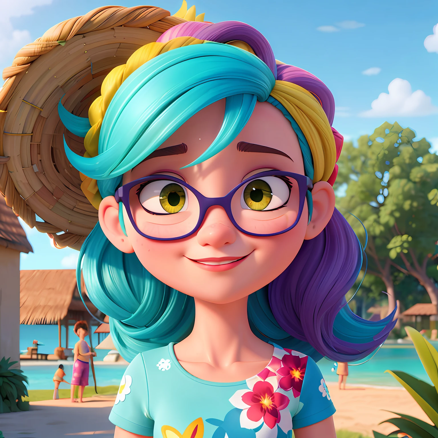 Ultra Detalhes, cabelos delicados, Realistic, 1girl, sozinho, cabelos longos, vestir, flor, vestido branco, propriedade tem, propriedade, swimming ,hat removed, sorrir, sunhat, headwear removed, bareshoulders, cabelos loiros, aqua cabelo, boca fechada, Visualizador voltado, ao ar livre, sunlight,