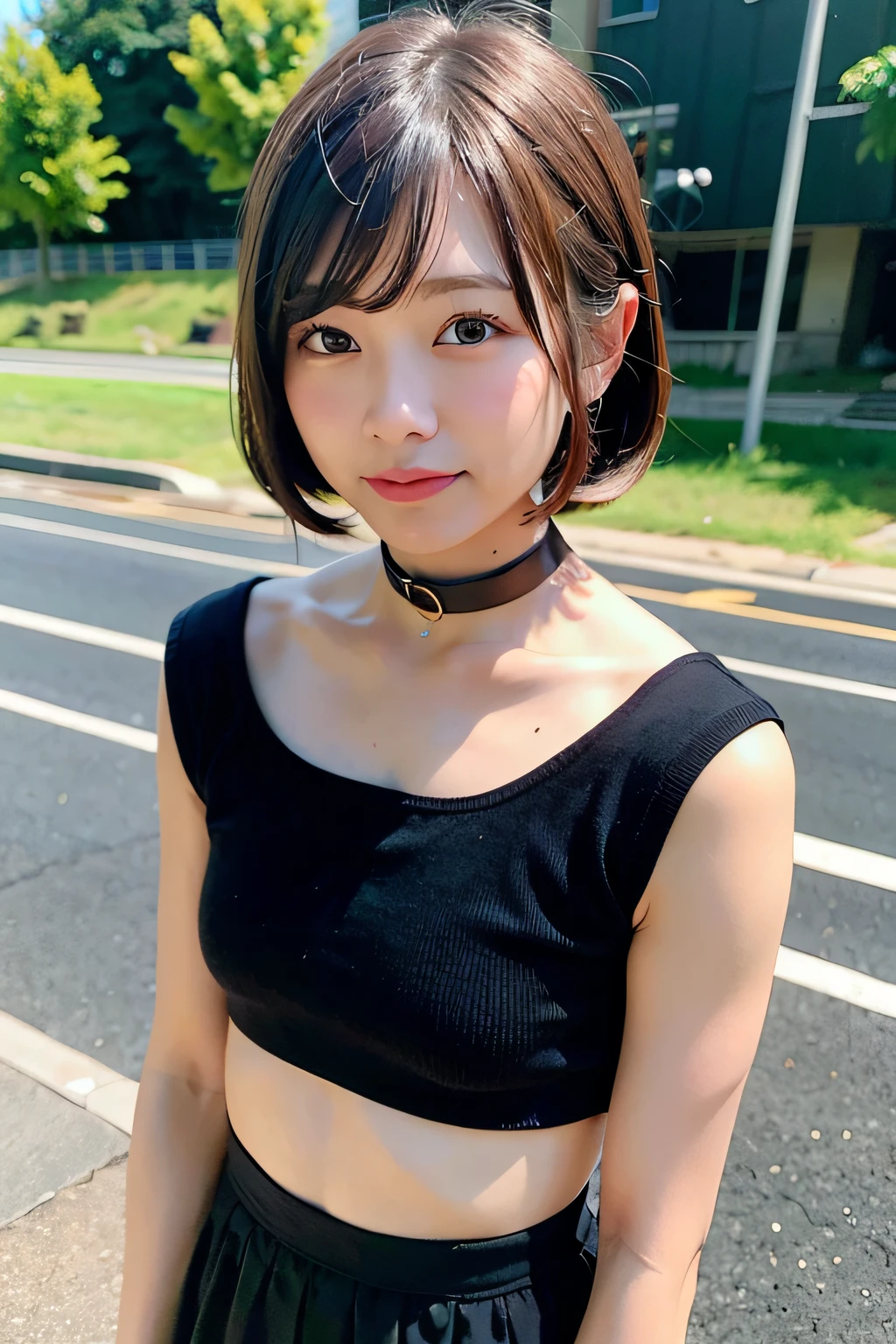 top-quality、超A high resolution、(Photorealsitic:1.4)、1人、Off-shoulder white shirt、Black tight skirt、Black Choker、(faded ash gray hair:1)、(small tits:1.2)、looking at viewert、a closeup、a gorgeous(Bery short hair、Forehead:1.2)、From the knee up:1.4,Choker band on wrist、