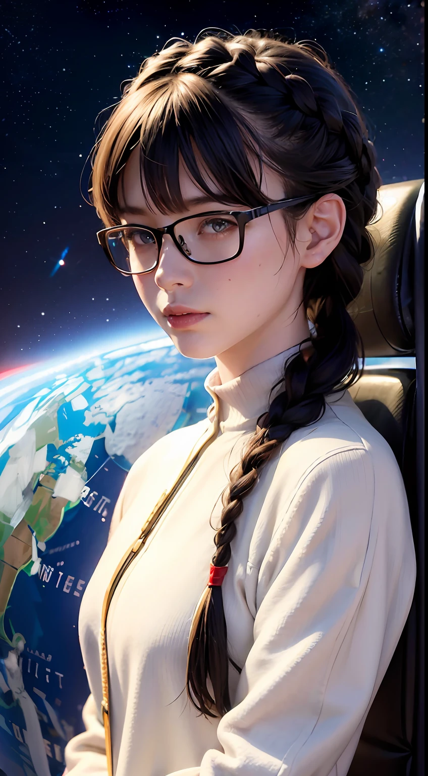 Movie Poster,((Braid Hairstyle : 1.5)),Anime Reference 86 ,Science Fiction,Sci-Fi,Movies,War Action Movies,Space,Atmosphere,Sky,Battleship,Multiple Characters,Women,Adults,Green Eyes,Black Hair,(Pia bangs hairstyle) : 1.8 ),(Red Glasses),General Uniform,White Commander Uniform,Serious Face Frowning,Realistic Face Detail,Realism,3D Face,