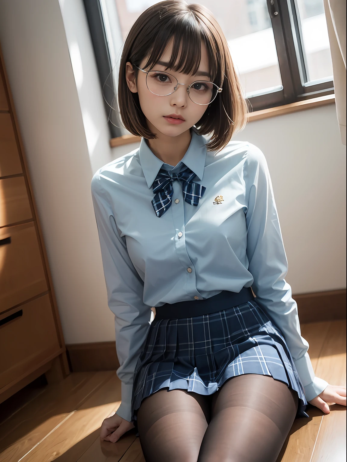 (8K、Raw photography、top-quality、masterpiece:1.2),Erotic,Pupils,Light Blue Bra,de pele branca,kne,(Black pantyhose),absurderes,a small face,small tits,flat breast,Parting the bangs from the middle、Forehead visible,(a cold expression<Tight eyes,glares,Bullish,skinny,Rasping,irate)、masterpiece,top-quality、超A high resolution,Raw photo,ren,Beautiful fece,One Person, 独奏,eye glass,,Dark look,Small breasts,fullllbody,Round glasses、cute little、JK school uniform,hi-school girl,A Japanese Lady,is standing,(Photorealsitic:1.37)、Photon mapping,Light blue ribbon,Realistic、Cute little face,Brown-eyed、Black socks、(Red bow tie)、Radio City、Physically Based Rendering、Foreground、depth of fields、Blurry background、a picture,The girls、Body,beauty legs, Long legs, Thin leg,Long bob cut,(Bangs are visible), hair, s lips, Blue_The eye, nosesoft,(Light blue shirt), (Navy and blue and white plaid pleated skirt), Knees are visible,Sheer clothing,, Thigh, Black cotton socks,Nogizaka Idol, 女優, Japanese ido