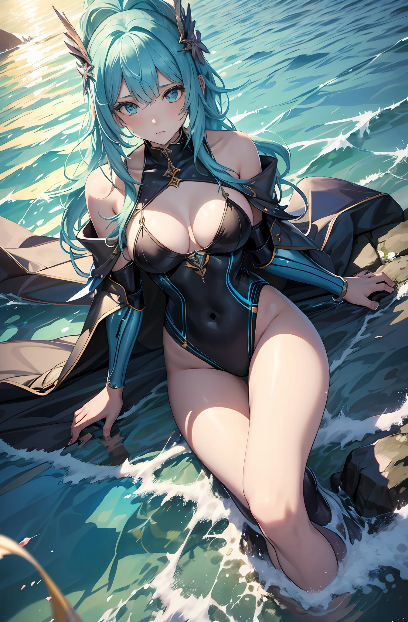 best qualityer,tmasterpiece,Ultimate resolution,downy,Extremely colorful,Colorful,Mermaid princess,cabellos largos dorados,a matural female,blue bikini,The kinky is exposed,The barefoot,the ocean,blue skinsuit,Normal posture
