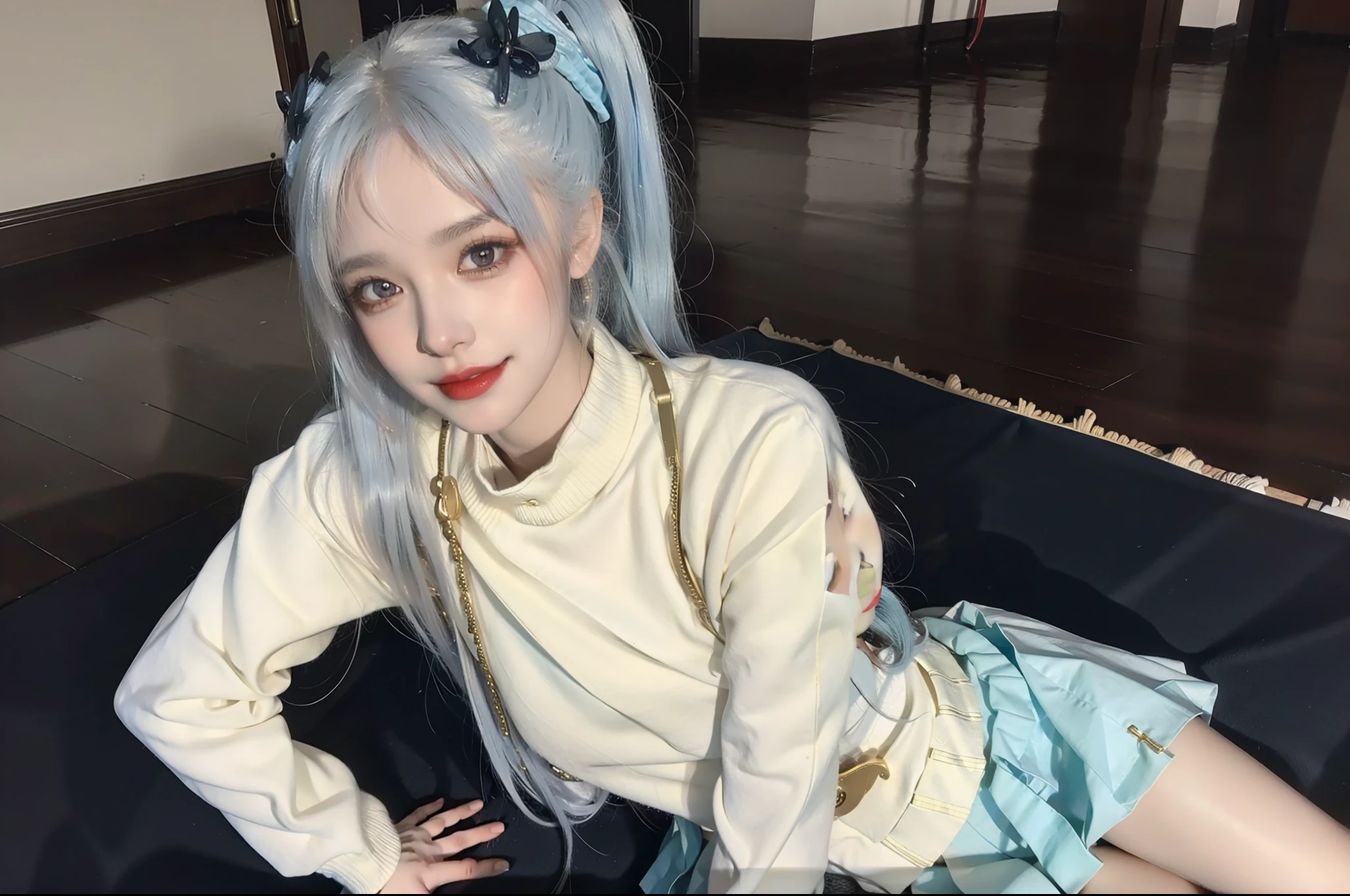 Blue double ponytail,Perfect face shape,Extra-large eyes like to talk,Red lips smile,slightly red face,red sweater,White pleated skirt,Long legs sit on the ground,facing to audience,Pose for a photo,Perfect light