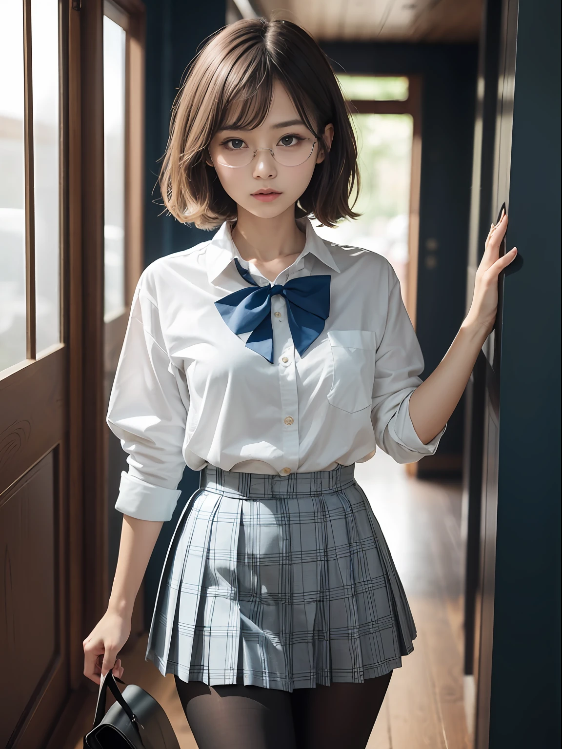 (8K、Raw photography、top-quality、masterpiece:1.2),Erotic,Pupils,Light Blue Bra,de pele branca,kne,(Black pantyhose),absurderes,a small face,small tits,flat breast,Parting the bangs from the middle、Forehead visible,(a cold expression<Tight eyes,glares,Bullish,skinny,Rasping,irate)、masterpiece,top-quality、超A high resolution,Raw photo,ren,Beautiful fece,One Person, 独奏,eye glass,,Dark look,Small breasts,fullllbody,Round glasses、cute little、JK school uniform,hi-school girl,A Japanese Lady,is standing,(Photorealsitic:1.37)、Photon mapping,Light blue ribbon,Realistic、Cute little face,Brown-eyed、Black socks、(Red bow tie)、Radio City、Physically Based Rendering、Foreground、depth of fields、Blurry background、a picture,The girls、Body,beauty legs, Long legs, Thin leg,Long bob cut,(Bangs are visible), hair, s lips, Blue_The eye, nosesoft,(Light blue shirt), (Navy and blue and white plaid pleated skirt), Knees are visible,Sheer clothing,, Thigh, Black cotton socks,Nogizaka Idol, 女優, Japanese ido