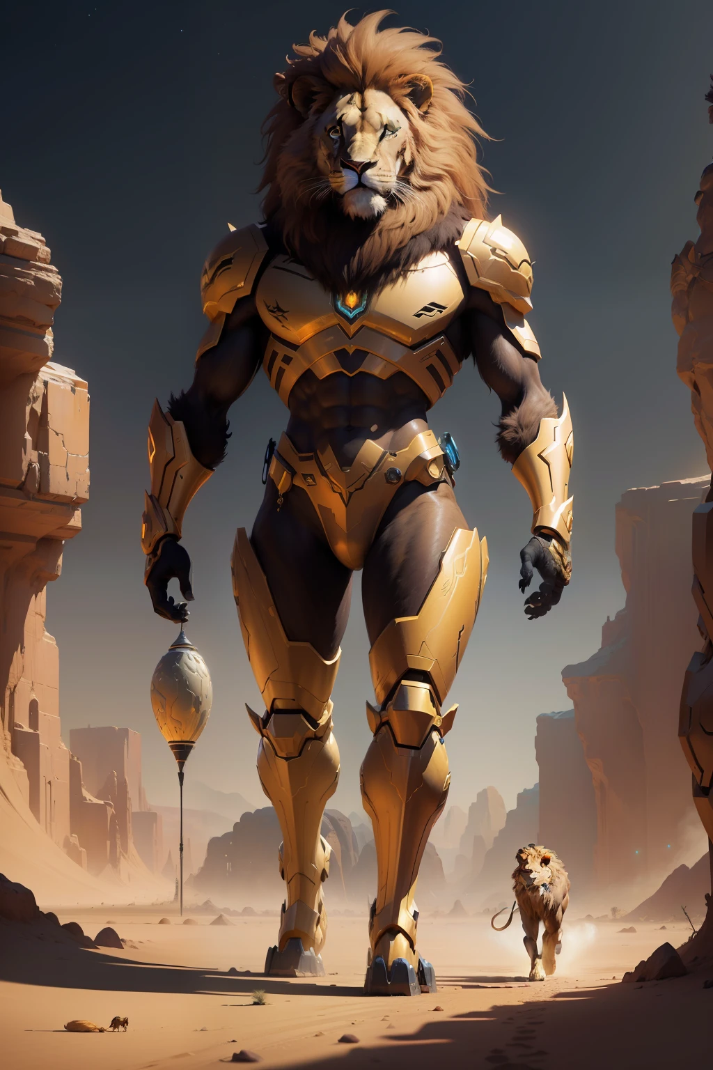 painting of a lion walking in a desert, cosmic lion, anthropomorphic lion, luminescent concept art, neon glow concept art, lion_beast, realistic paint job, realistic creature concept, painted as a game concept art, humanoid lion, raytrace concept art, official concept art, digital painting highly detailed, finished concept art