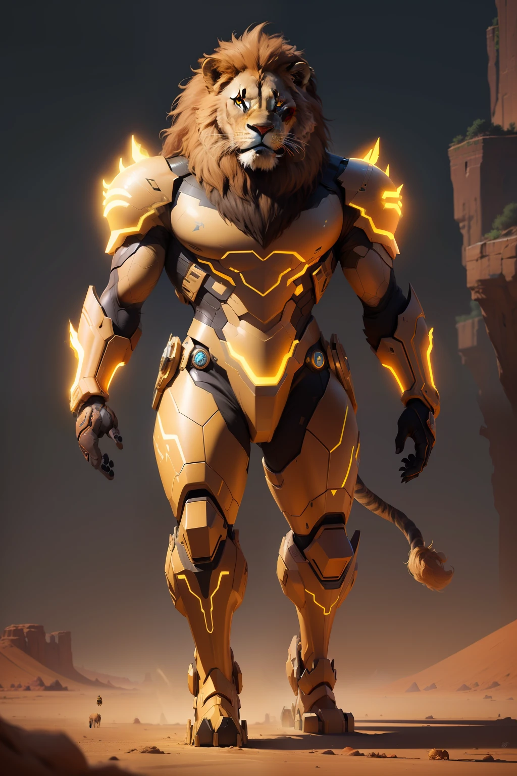 painting of a lion walking in a desert, cosmic lion, anthropomorphic lion, luminescent concept art, neon glow concept art, lion_beast, realistic paint job, realistic creature concept, painted as a game concept art, humanoid lion, raytrace concept art, official concept art, digital painting highly detailed, finished concept art