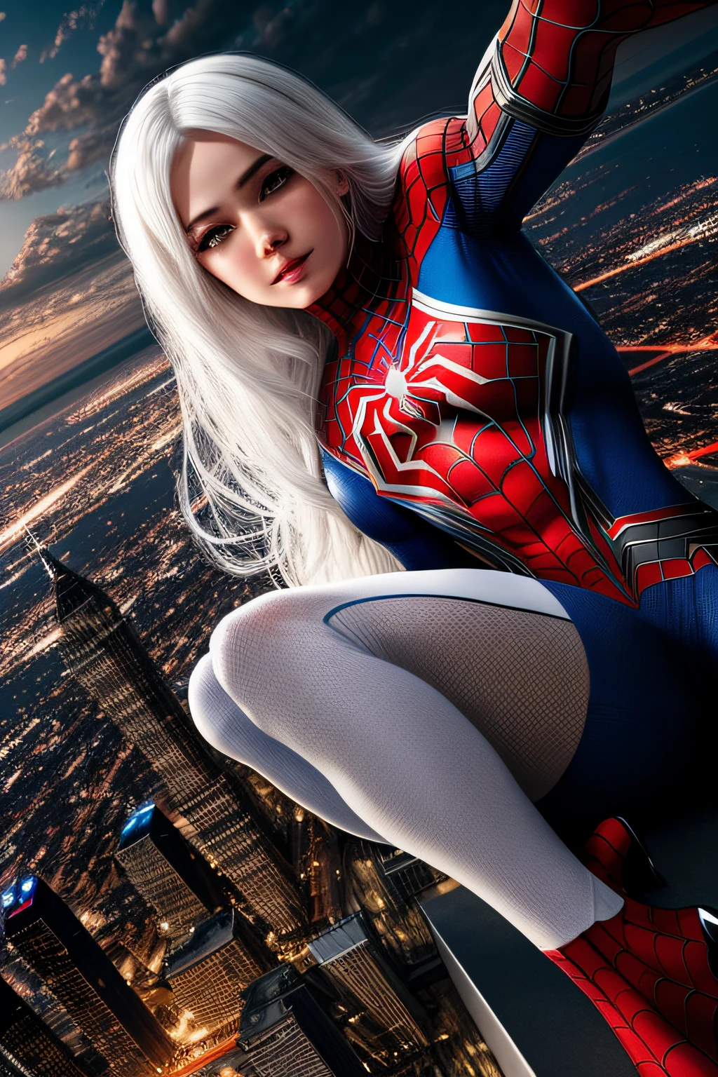 4k, realistic, carismatic, very detail, there is a girl on top city, wearing spiderman costum, she is a spiderman, white super hero theme, white long hair, 25 years old, full body