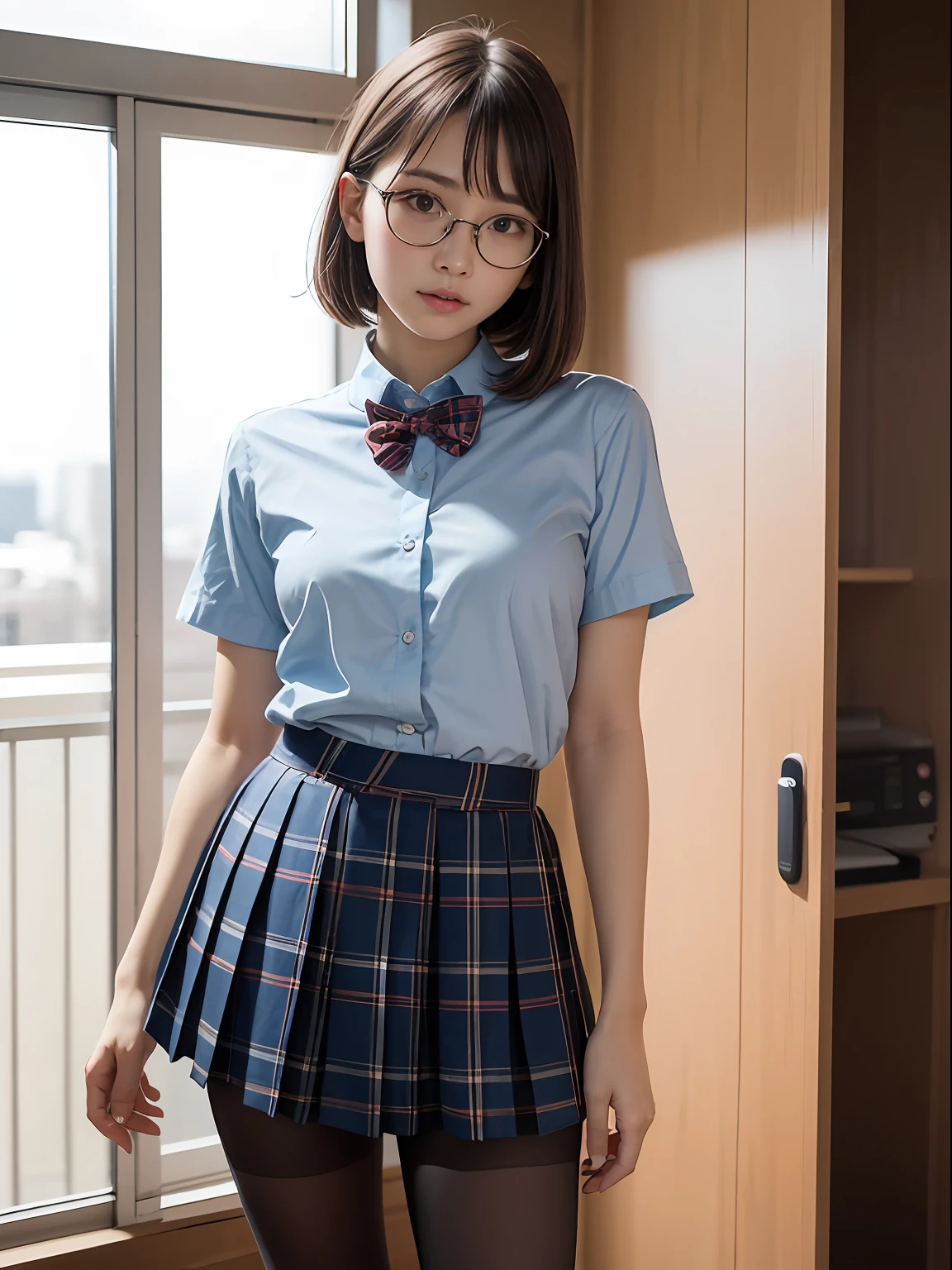 (8K、Raw photography、top-quality、masterpiece:1.2),Erotic,Pupils,Light Blue Bra,de pele branca,kne,(Black pantyhose),absurderes,a small face,small tits,flat breast,Parting the bangs from the middle、Forehead visible,(a cold expression<Tight eyes,glares,Bullish,skinny,Rasping,irate)、masterpiece,top-quality、超A high resolution,Raw photo,ren,Beautiful fece,One Person, 独奏,eye glass,,Dark look,Small breasts,fullllbody,Round glasses、cute little、JK school uniform,hi-school girl,A Japanese Lady,is standing,(Photorealsitic:1.37)、Photon mapping,Light blue ribbon,Realistic、Cute little face,Brown-eyed、Black socks、(Red bow tie)、Radio City、Physically Based Rendering、Foreground、depth of fields、Blurry background、a picture,The girls、Body,beauty legs, Long legs, Thin leg,Long bob cut,(Bangs are visible), hair, s lips, Blue_The eye, nosesoft,(Light blue shirt), (Navy and blue and white plaid pleated skirt), Knees are visible,Sheer clothing,, Thigh, Black cotton socks,Nogizaka Idol, 女優, Japanese ido