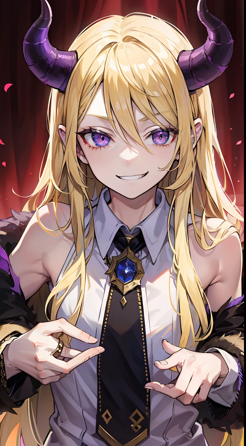 young boy, very long blonde hair, horns demon, violet eyes, Demon slaves, open shoulders, smirk, Masterpiece, hiquality