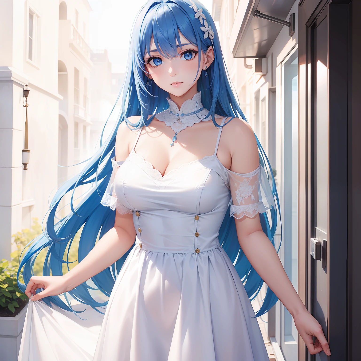 a women, blue hair, blue eyes, white dress