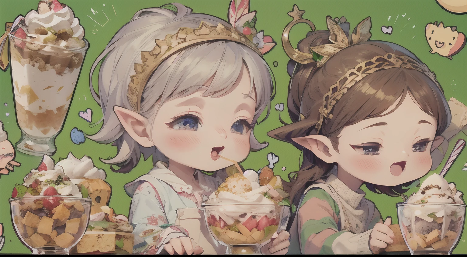 Realistic hand drawn style with cute elf characters、Everyone is eating a big parfait for the party
