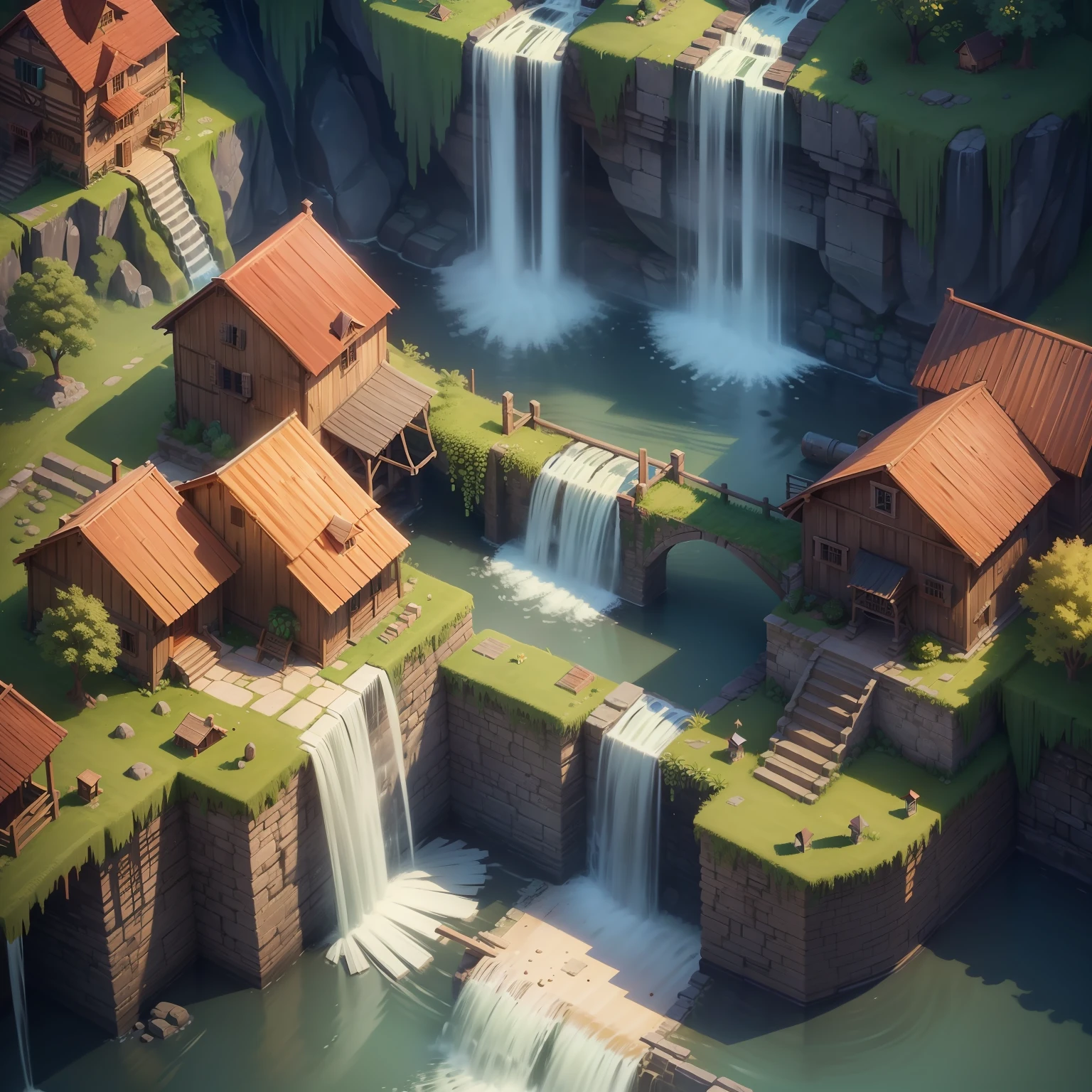 isometric italian water mill with waterfall, (isometric 3D), (masterpiece), (very detailed CG unity 8k wallpaper), (best quality), (best illustration), (best shadow), brick, stairs, lush vegetation, octane rendering, ray tracing, ultra-detailed