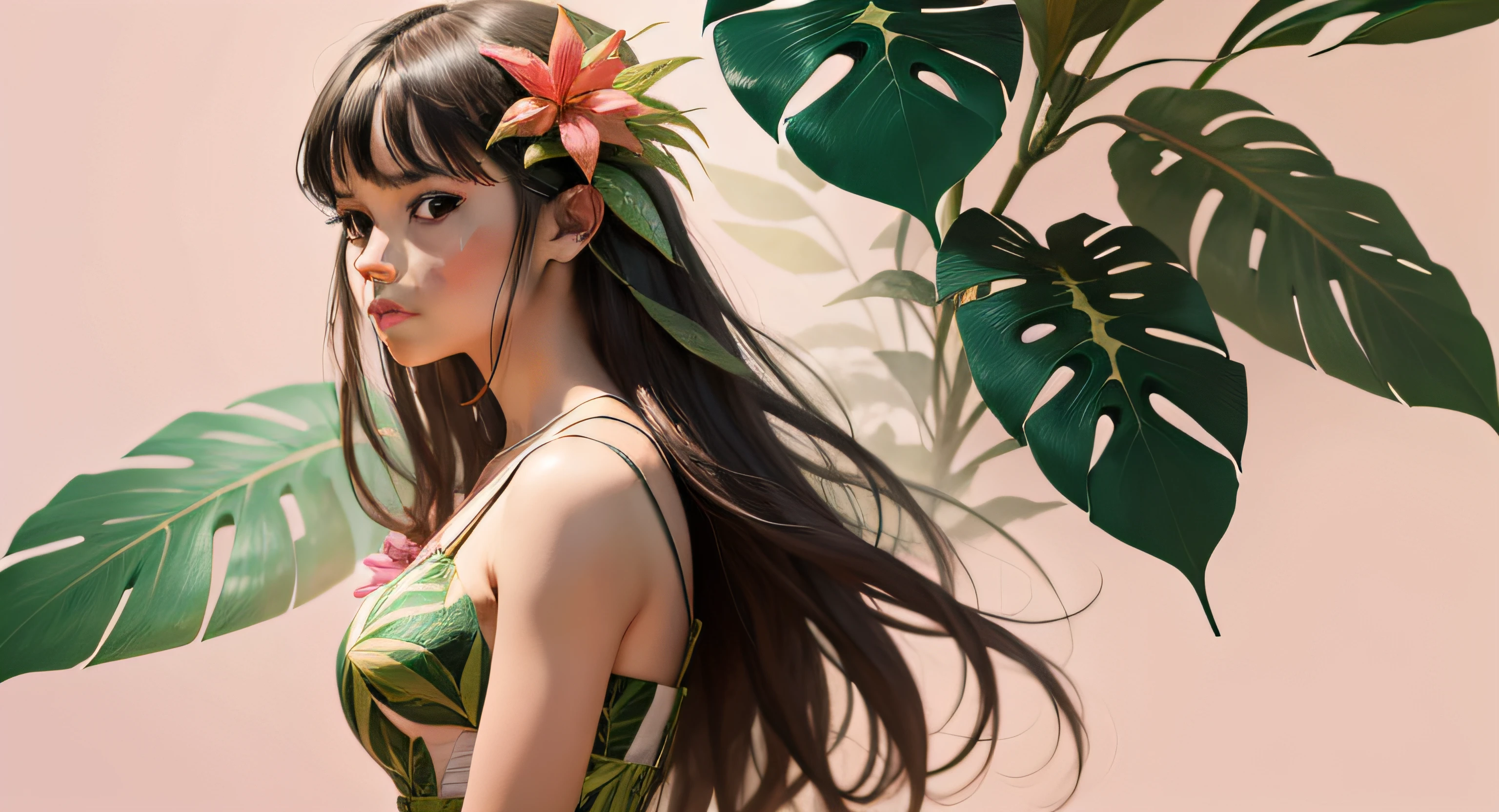 Collage woman in dress tropical leaves and plants on pink background