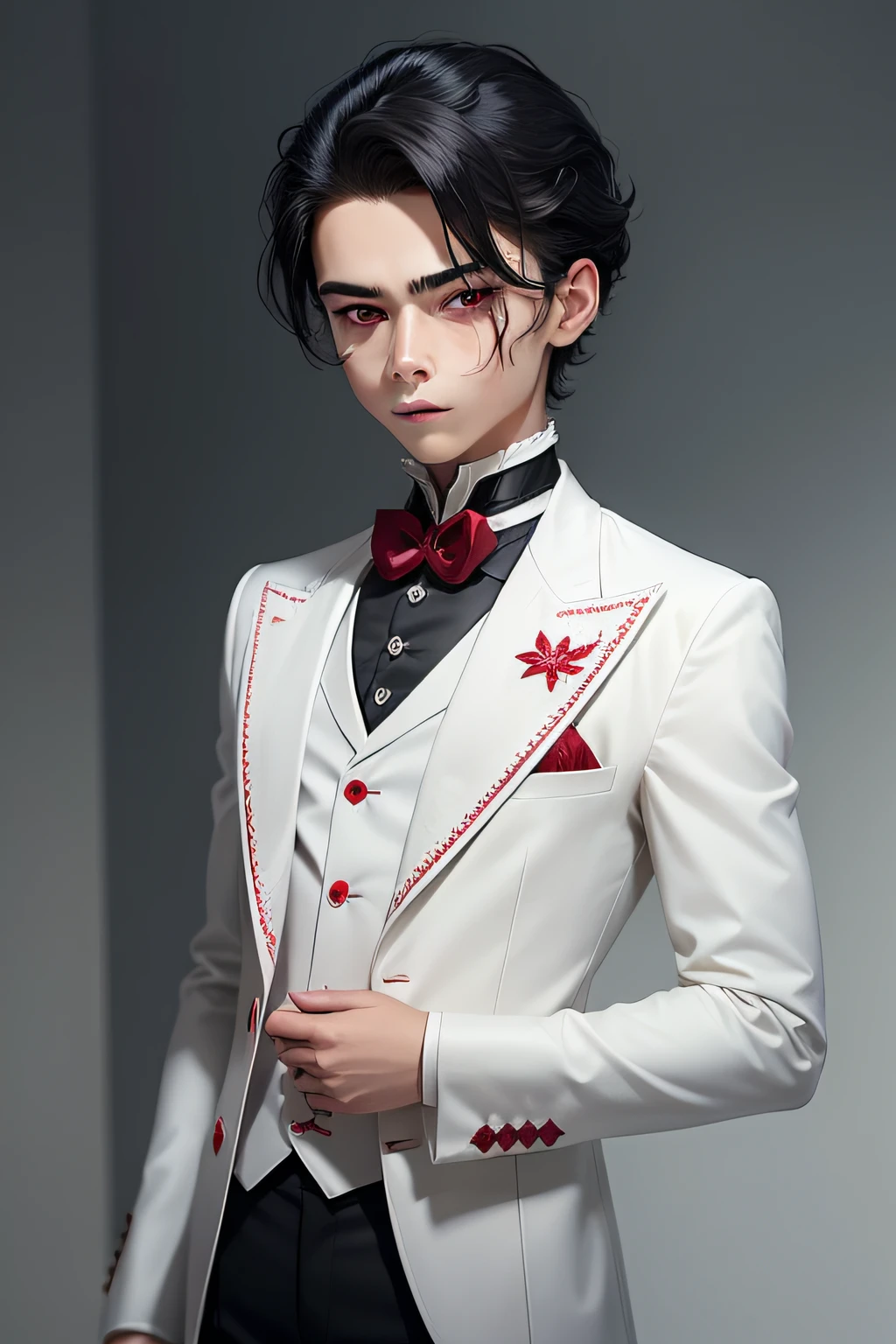 A young man, 10 years old, with striking crimson red eyes resembling a vampire, his dark black hair styled immaculately. He is dressed in a pristine all-white Victorian-era suit, consisting of a coat, waistcoat, pants, and shirt, all meticulously designed in pure white