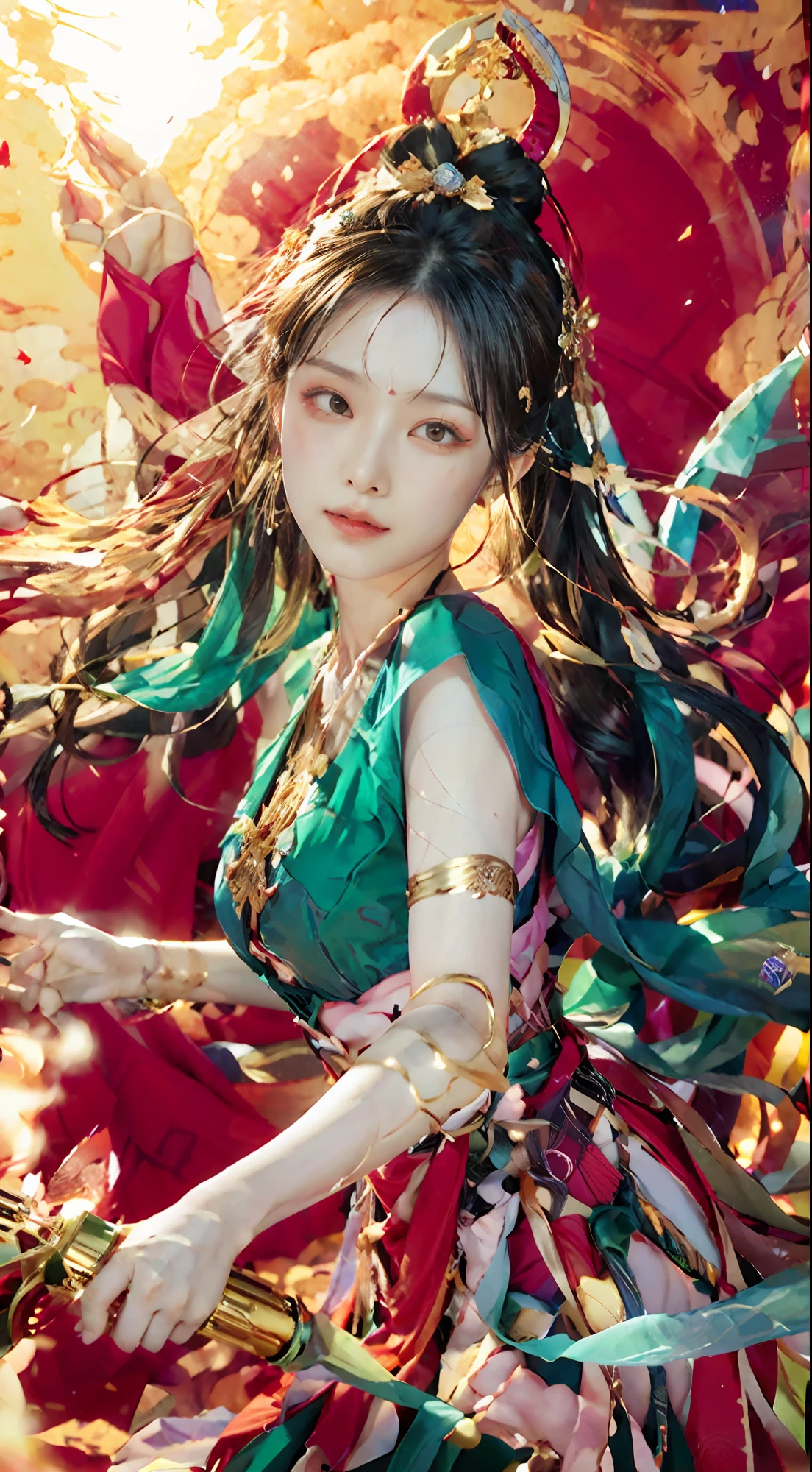 （8k，RAW photos，best qualtiy，tmasterpiece：1.2），（realisticlying，Photorealistic and realistic：1.4），（Very detailed CG unity 8k wallpaper），（1个Giant Breast Girl），dance，dunhuang_dress，dunhuang_style，dunhuang_background，Arms up，Dunhuang Flying Sky，facing at camera，largeeyes，hyper-detailing，Gold ornaments，Ancient Chinese hairstyle，gossamer，Streamers，light make-up，eye shadows，Eyebrow nevi，（confront），dynamicposes，Background smoke surrounding，Red and green color scheme，Petals flying,the detail，jewelry，耳Nipple Ring，bangle，bshoulders，complex texture，bust，Guqin，lute，