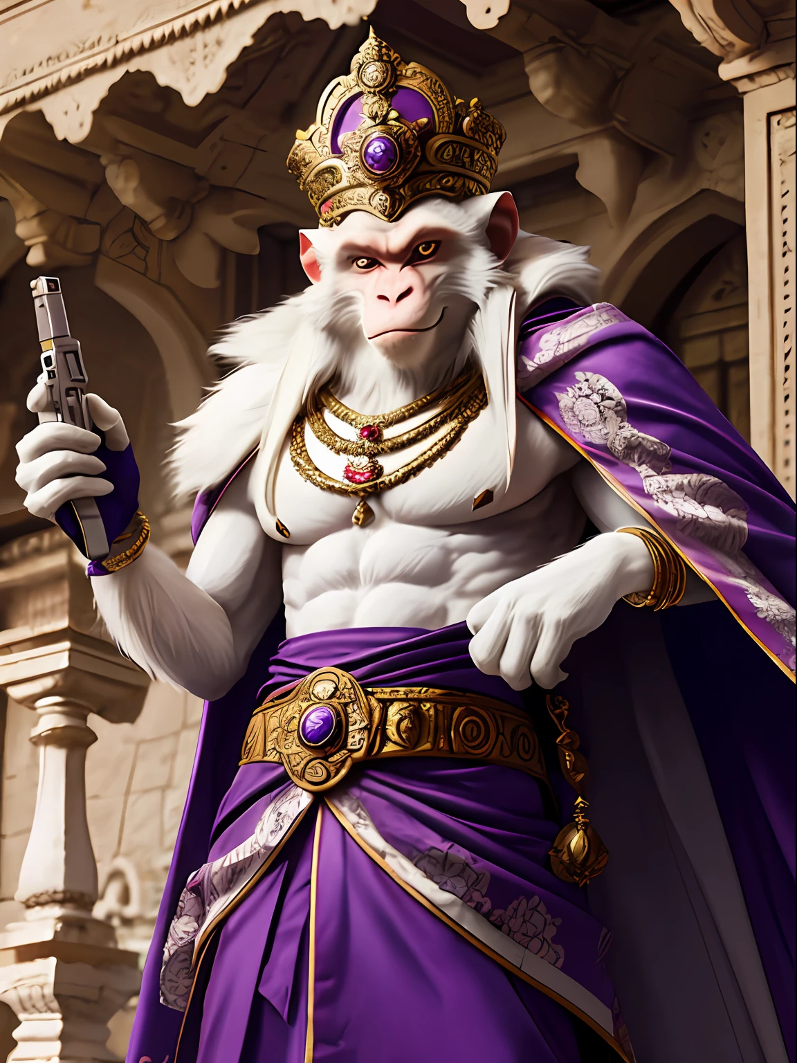 Photography, Asurola white monkey in an Indian castle,  Purple cape, With a gun in his hand，battlefiled, rim lit, opulent, detail, Flowers, The background is blurred out, Soft focus