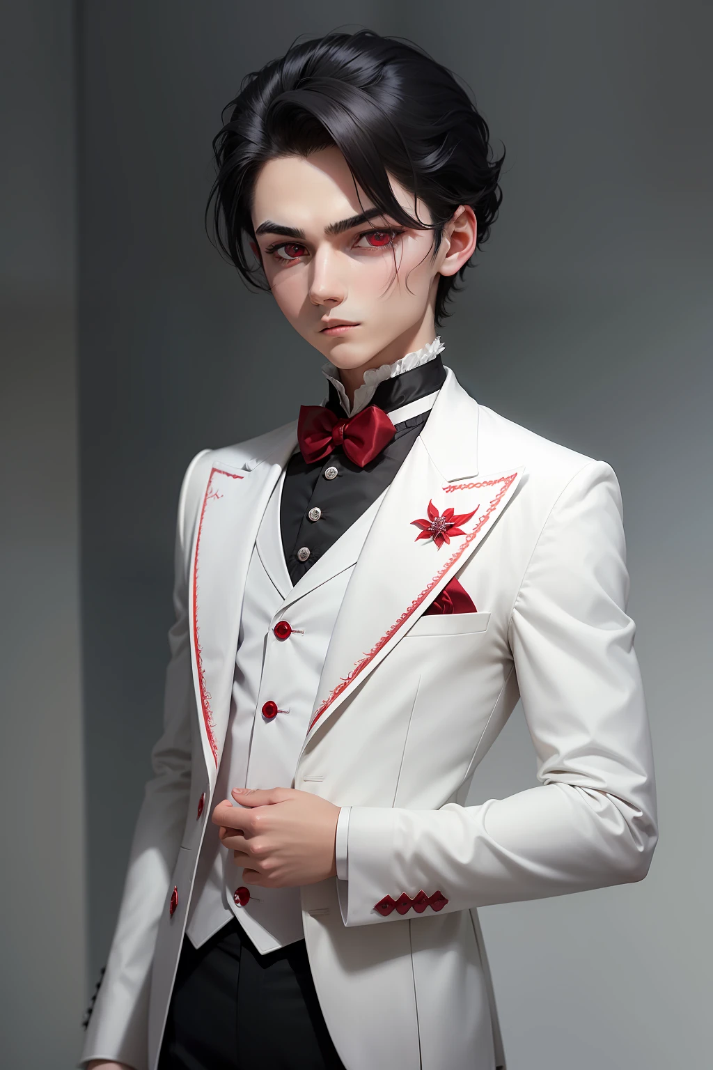 A young man, , with striking crimson red eyes resembling a vampire, his dark black hair styled immaculately. He is dressed in a pristine all-white Victorian-era suit, consisting of a coat, waistcoat, pants, and shirt, all meticulously designed in pure white