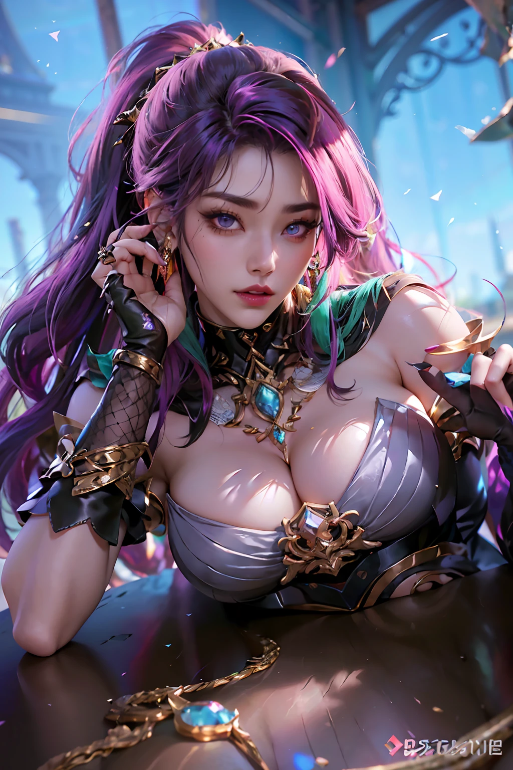 high detailed, 8k, highres, 1girl, jewelry, earrings, makeup, eyelashes, earrings, collarbone, collar, looking at viewer, (large breasts, thick thighs, thigh gap, wide hips, toned body),, ulzzang-6500, ultra realistic 8k cg, unparalleled masterpiece, absurdres, extraordinary, incredible, exquisite, sensational, perfect artwork, perfect female figure, perfect anatomy, unique, sexy, very long hair, blonde, multicolored hair, large breasts, looking at viewer, aesthetic, spectacular, splendid, superb, grand, astounding, stunning, magnificent, elegant, graceful, luxury, jewelry, gem, glint, beautiful, gorgeous, charismatic, charming, alluring, erotic, seductive, gothic, fantasy, divine, clean, rich, prestige, fantastic, supreme, apex, paramount, goddess, lace, lace trim, delicate pattern, shiny skin, gold, royal, queen, supernatural, phenomenal, fabulous, marvelous, stupendous, terrific, ((nsfw, breasts out, , thick thighs, wide hips, toned body)),, high detailed, 8k, highres, (k/da all out kai'sa), league of legends, k/da \(league of legends\), 1girl, black hair, multicolored hair, long hair, very long hair, ponytail, long ponytail, streaked hair, green hair, two-tone hair, purple eyes, lips, jewelry, earrings, makeup, bare shoulders, crop top, black crop top, collarbone, collar, shiny clothes, detached sleeves, crystals, gloves, elbow gloves, single fingerless glove, midriff, looking at viewer, (large breasts, thick thighs, wide hips, toned body, ) RozalinD2, 1girl, gigantic breast Azure lane, gold hair ornament, revealing black bodysuit large breasts, cleavage, perfect composition, perfect Waifu)), sexy, appealing, ((Best quality)), ((masterpiece)), (detailed:1.4), submissive, super thick, small waist, sixpack abs, ripped, fit, slave collar, makeup, lipstick, blush, exotic, Asian and Spanish, mixed girl, HDR (High Dynamic Range), Ray Tracing, NVIDIA RTX, Super-Resolution, Unreal 5, Subsurface, detailed background, mansion, palace, goddess, camel toe, micro bikini