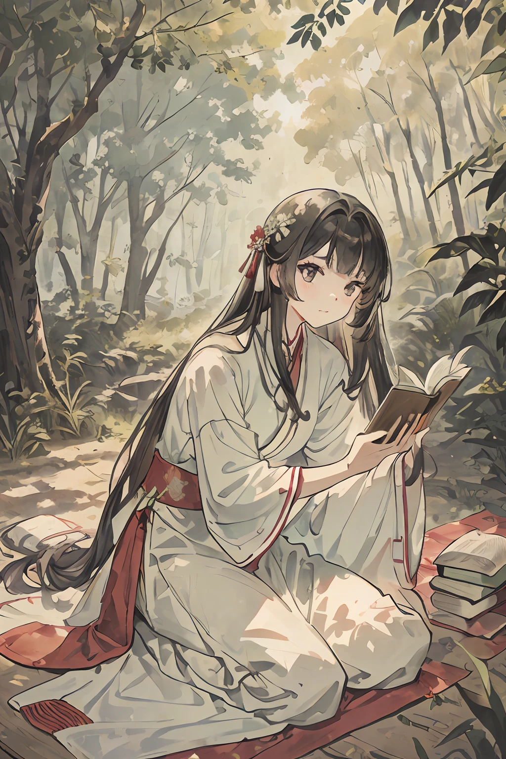 summer day，ln the forest，A fresh breeze blows，There was an open book on the ground，Hanfu girl back，cabelos preto e longos