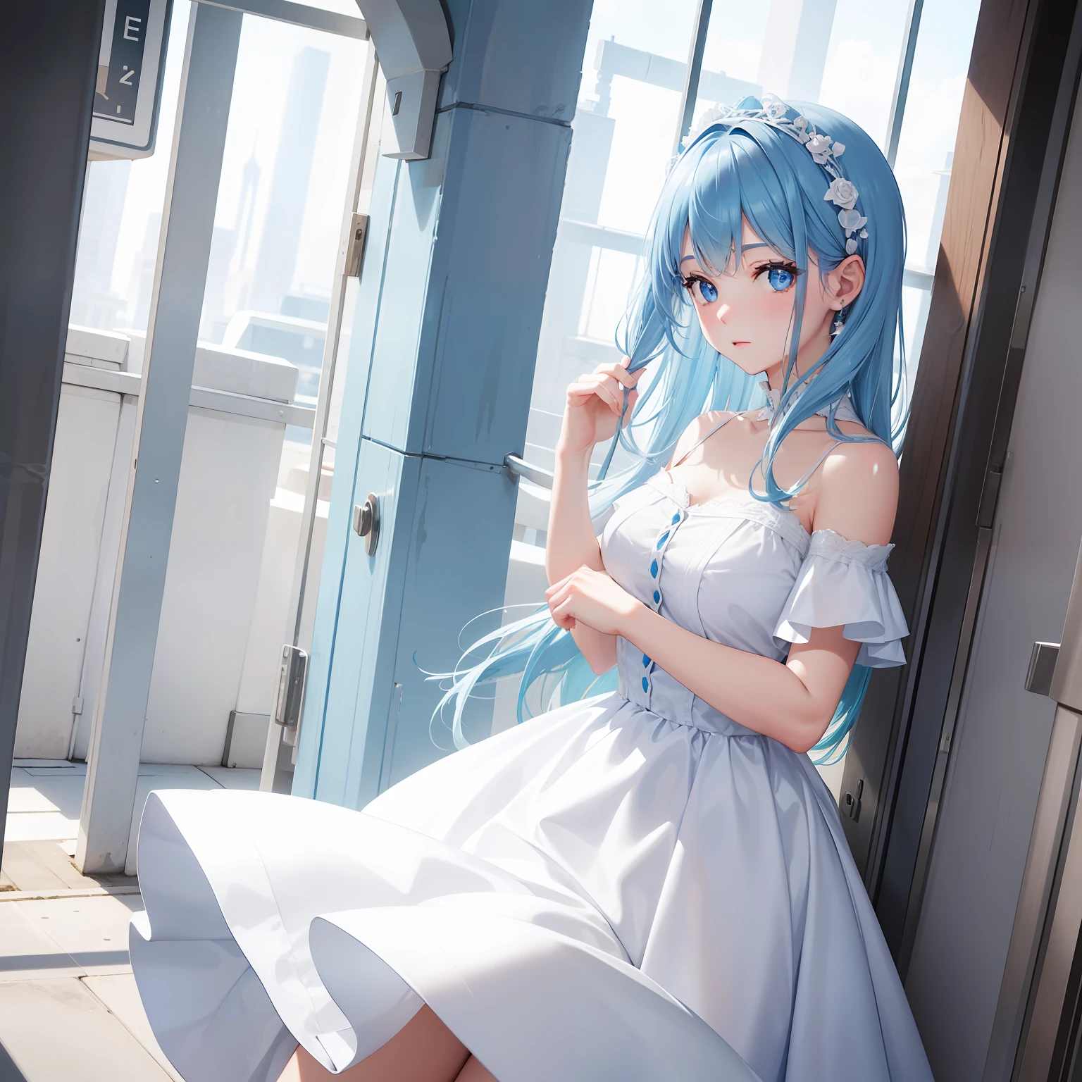 a women, blue hair, blue eyes, white dress