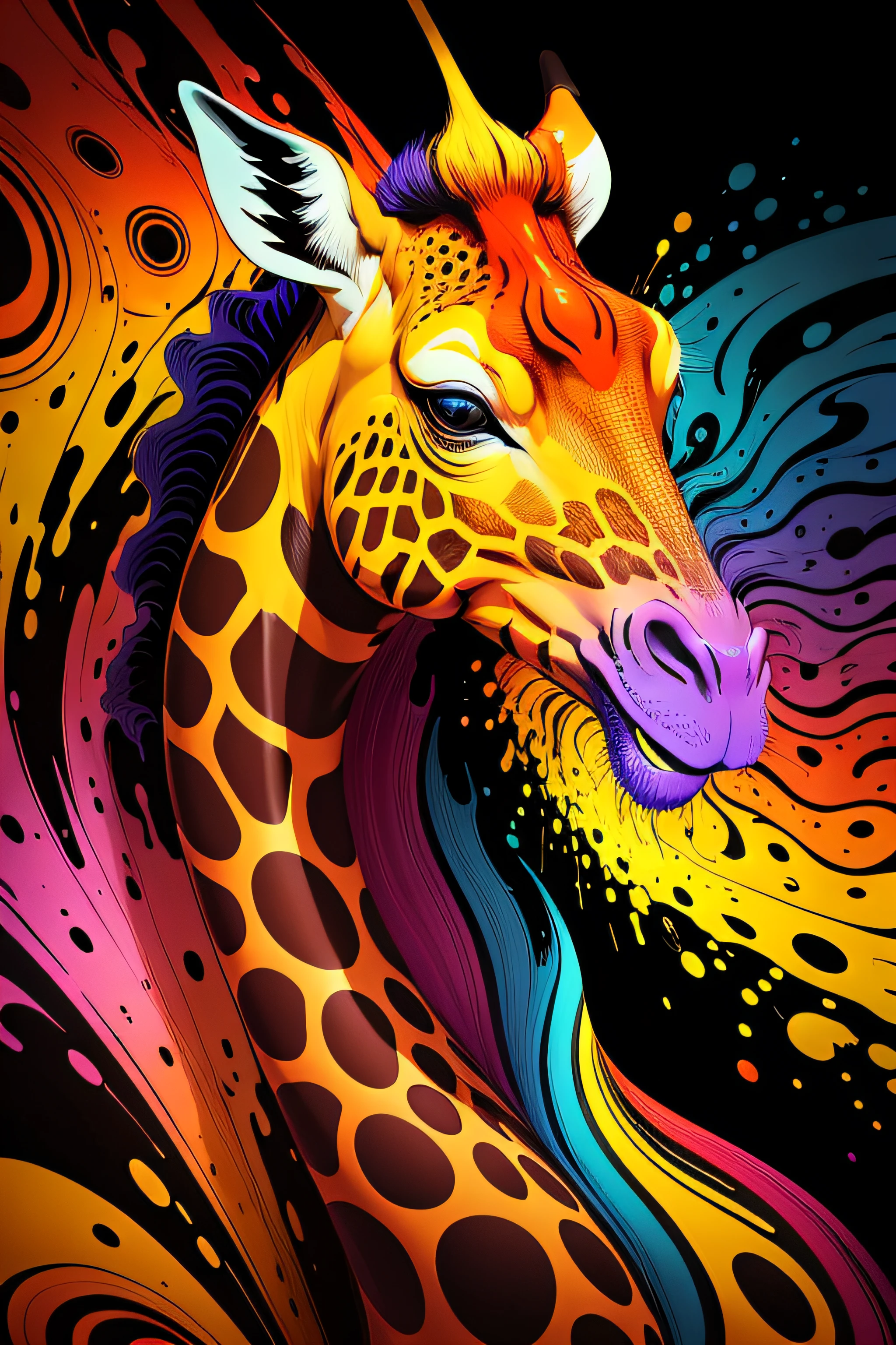 psychedelic giraffe fine art painting, in the style of fluid lines, 8k resolution, precisionist art, colorful caricature, realistic hyper-detail, swirling vortexes, colorful caricature, multilayered dimensions, precisionist lines, bold, cartoonish lines, intricate texture