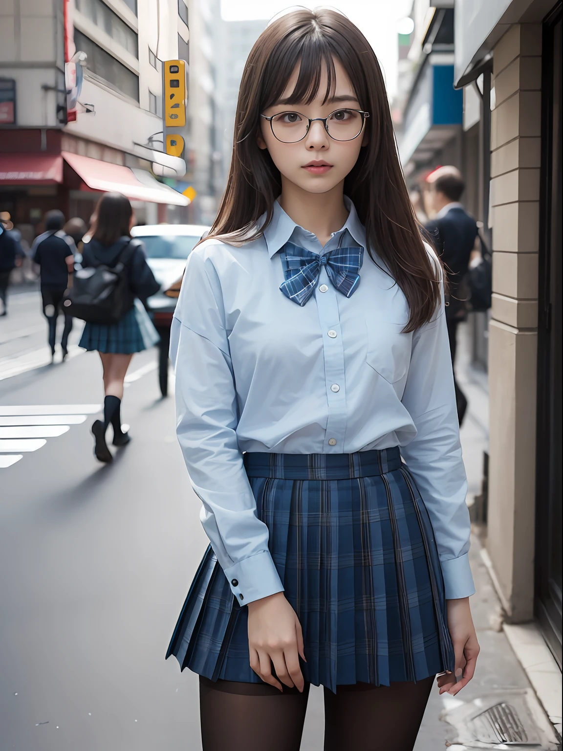 （8K、Raw photography、top-quality、​masterpiece：1.2),Erotic,Pupils,Light Blue Bra,de pele branca,kne,(Black pantyhose),absurderes,a small face,small tits,flat breast,Parting the bangs from the middle、Forehead visible,(a cold expression<Tight eyes,glares,Bullish,skinny,Rasping,irate)、​masterpiece,top-quality、超A high resolution,Raw photo,ren,Beautiful fece,One Person, 独奏,eye glass,,Dark look,Small breasts,fullllbody,Round glasses、cute little、JK school uniform,hi-school girl,A Japanese Lady,is standing,（Photorealsitic：1.37）、Photon mapping,Light blue ribbon,Realistic、Cute little face,Brown-eyed、Black socks、(Red bow tie)、Radio City、Physically Based Rendering、Foreground、depth of fields、Blurry background、a picture,The girls、Body,beauty legs, Long legs, Thin leg,Long bob cut,(Bangs are visible), hair, s lips, Blue_The eye, nosesoft,(Light blue shirt), (Navy and blue and white plaid pleated skirt), Knees are visible,Sheer clothing,, Thigh, Black cotton socks,Nogizaka Idol, 女優, Japanese ido