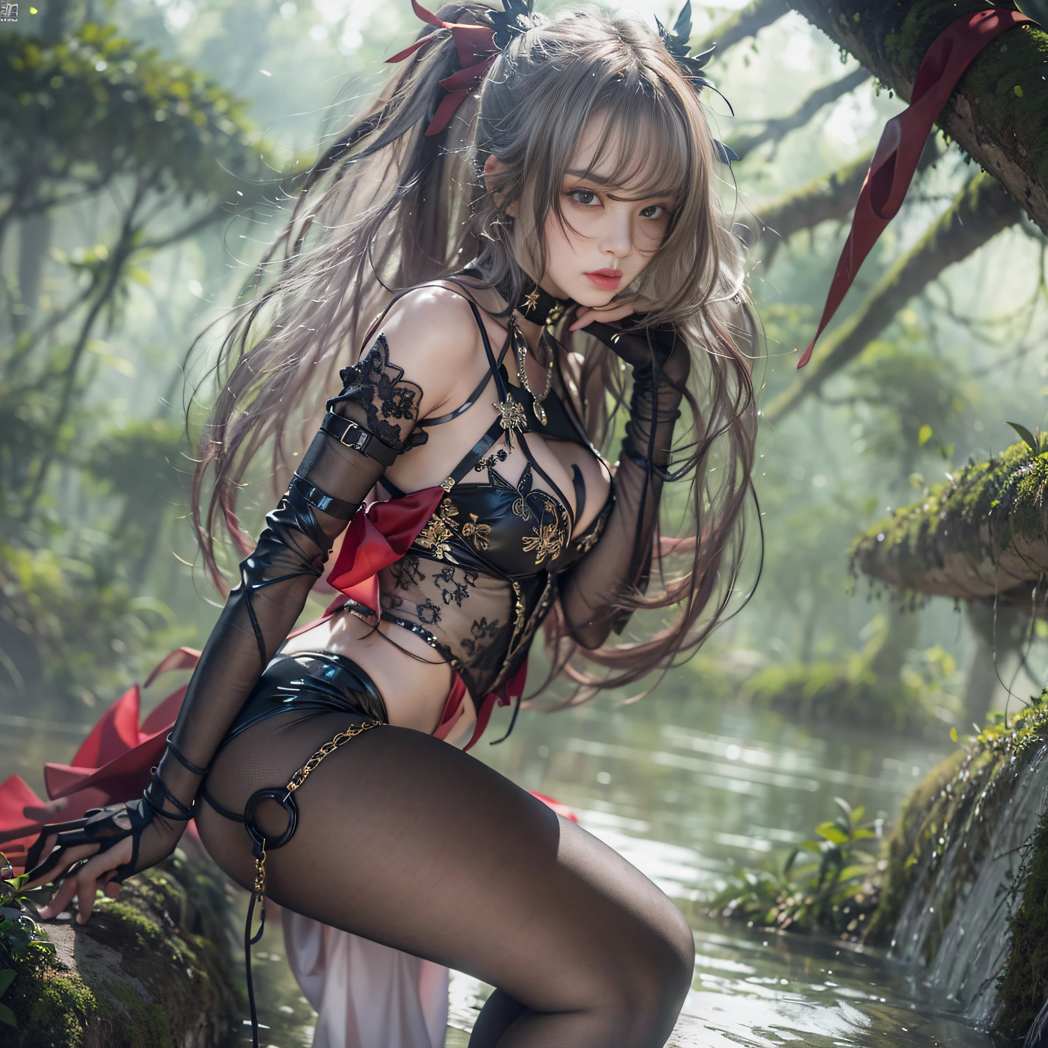 ((​masterpiece:1.4)、(top-quality:1.4)、(reallistic:1.7))、Beautiful girl duo、Extraordinary beauty、Bondage style:1.4、latex shiny:1.4、Latex bodysuit、By Luis Royo、age19、Ultra Bikini、Looking Back Beauty、Outstanding style、standingn、fullllbody、foco nítido:1.5、Slender Abs、beauty legs、Beautiful ass、A detailed eye、Raw photo、red-lips、Red high heels、a choker、a necklace、耳Nipple Ring、Fantastic mythological landscape、