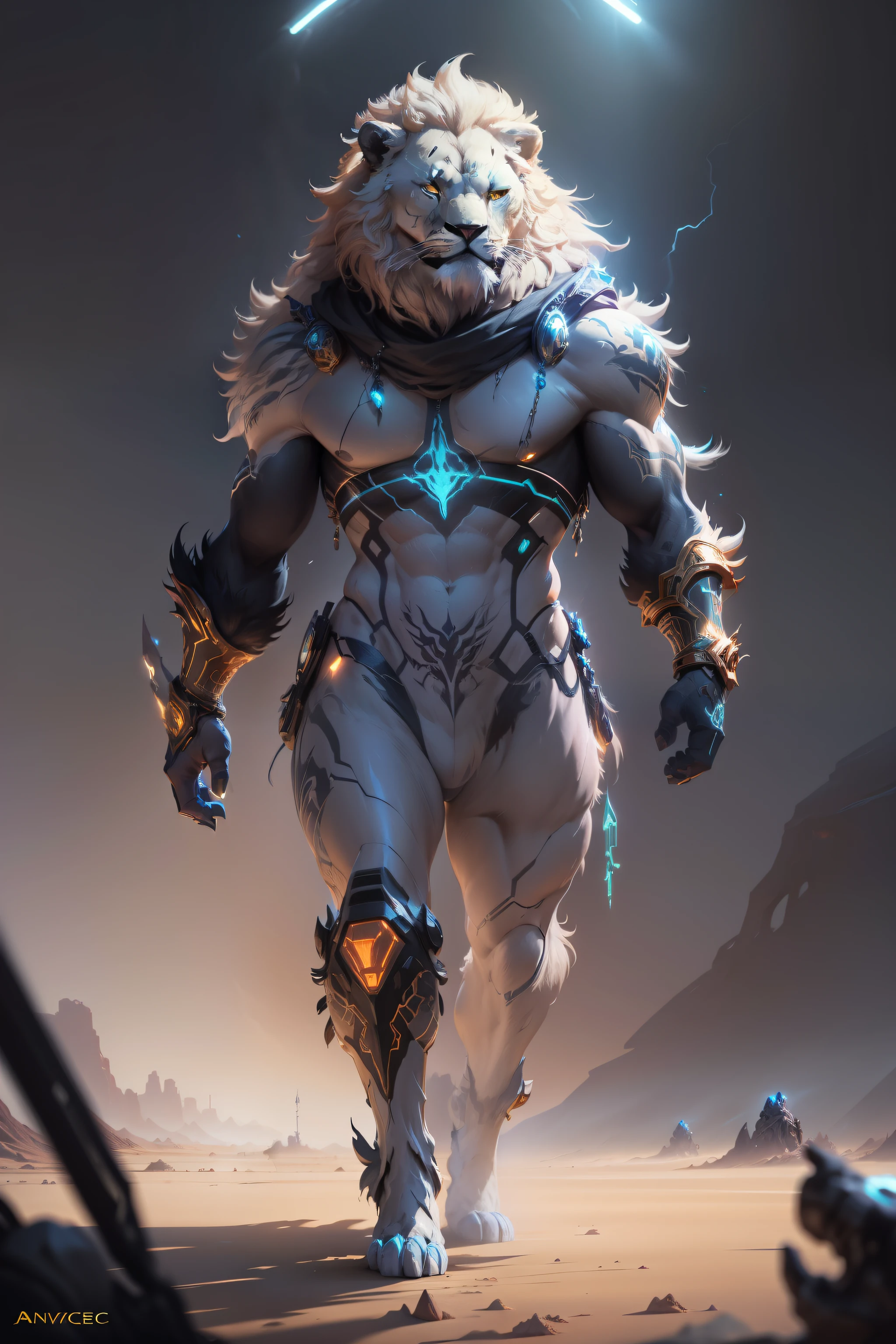painting of a lion walking in a desert, cosmic lion, anthropomorphic lion, luminescent concept art, neon glow concept art, lion_beast, realistic paint job, realistic creature concept, painted as a game concept art, humanoid lion, raytrace concept art, official concept art, digital painting highly detailed, finished concept art