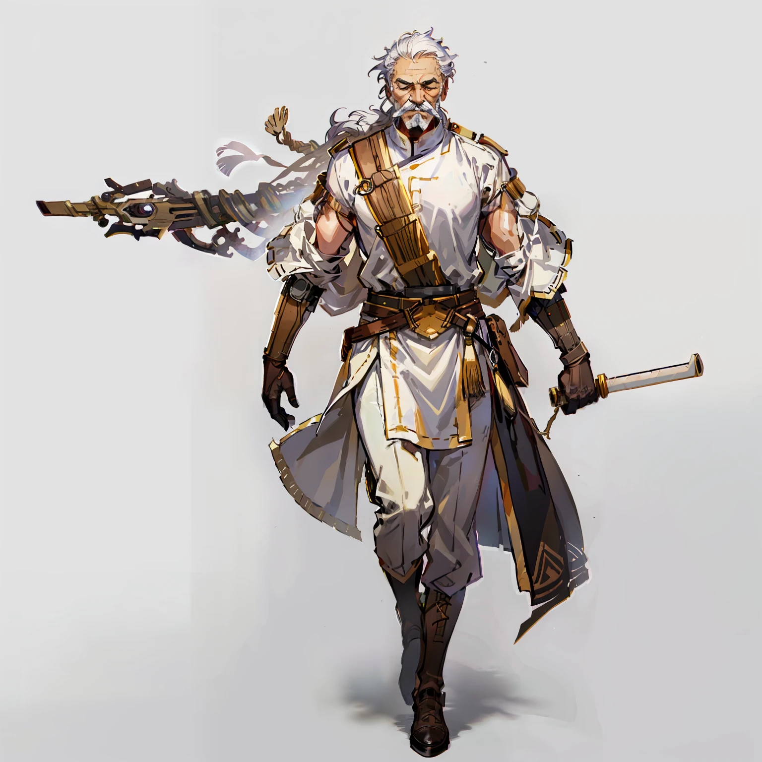 forerunner, Old Man, brown, No background, White background, Holding a wand, Holding a knife, Eyes closed, White hair, Full body shot, long boots, hickory, Short hair, mustache, Wide pants, indian costume, The right leg is a prosthetic leg made of a machine and a stick