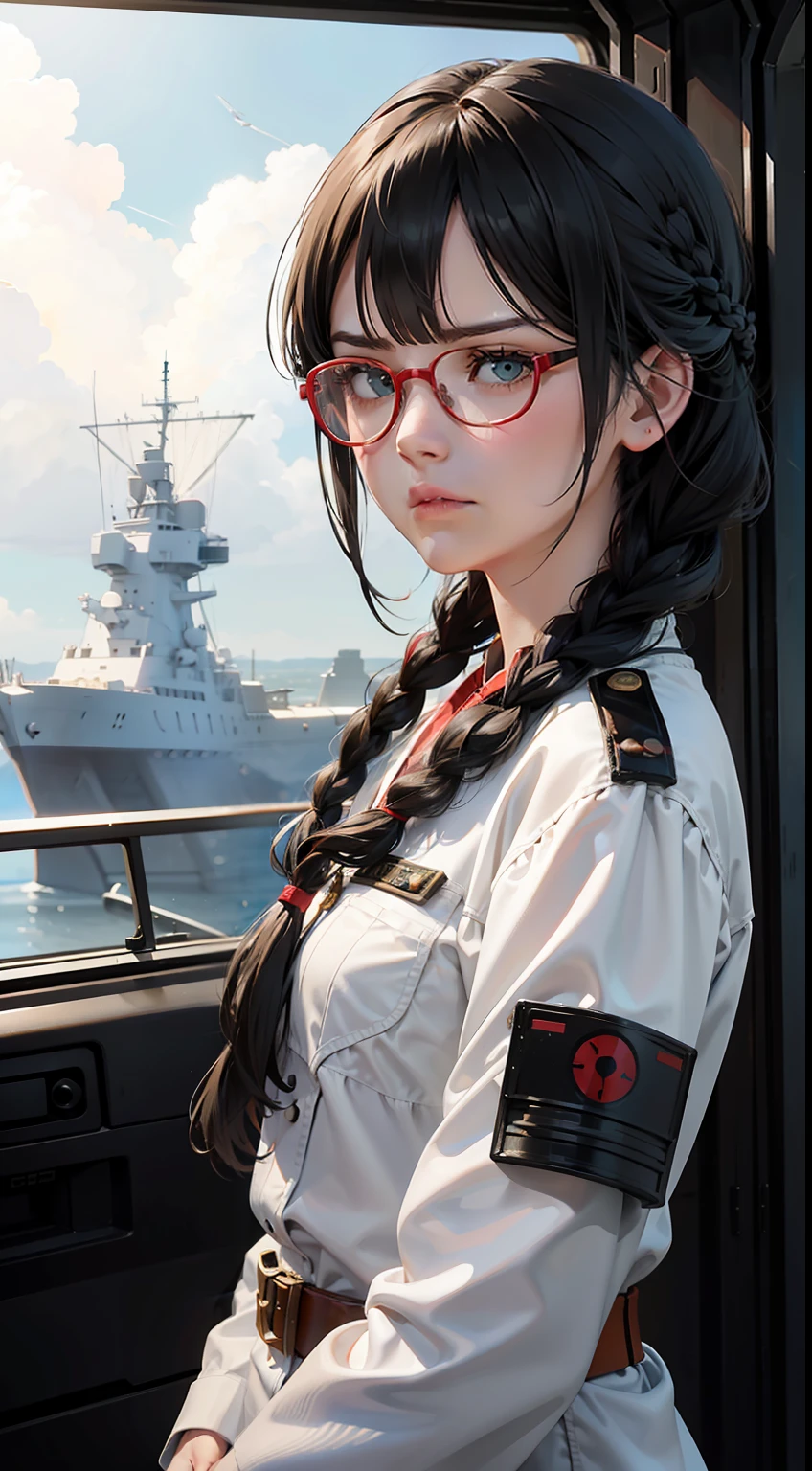 Movie Poster,((Braid Hairstyle : 1.5)),Anime Reference 86 ,Science Fiction,Sci-Fi,Movies,War Action Movies,Space,Atmosphere,Sky,Battleship,Multiple Characters,Women,Adults,Green Eyes,Black Hair,(Pia bangs hairstyle) : 1.8 ),(Red Glasses),General Uniform,White Commander Uniform,Serious Face Frowning,Realistic Face Detail,Realism,3D Face,