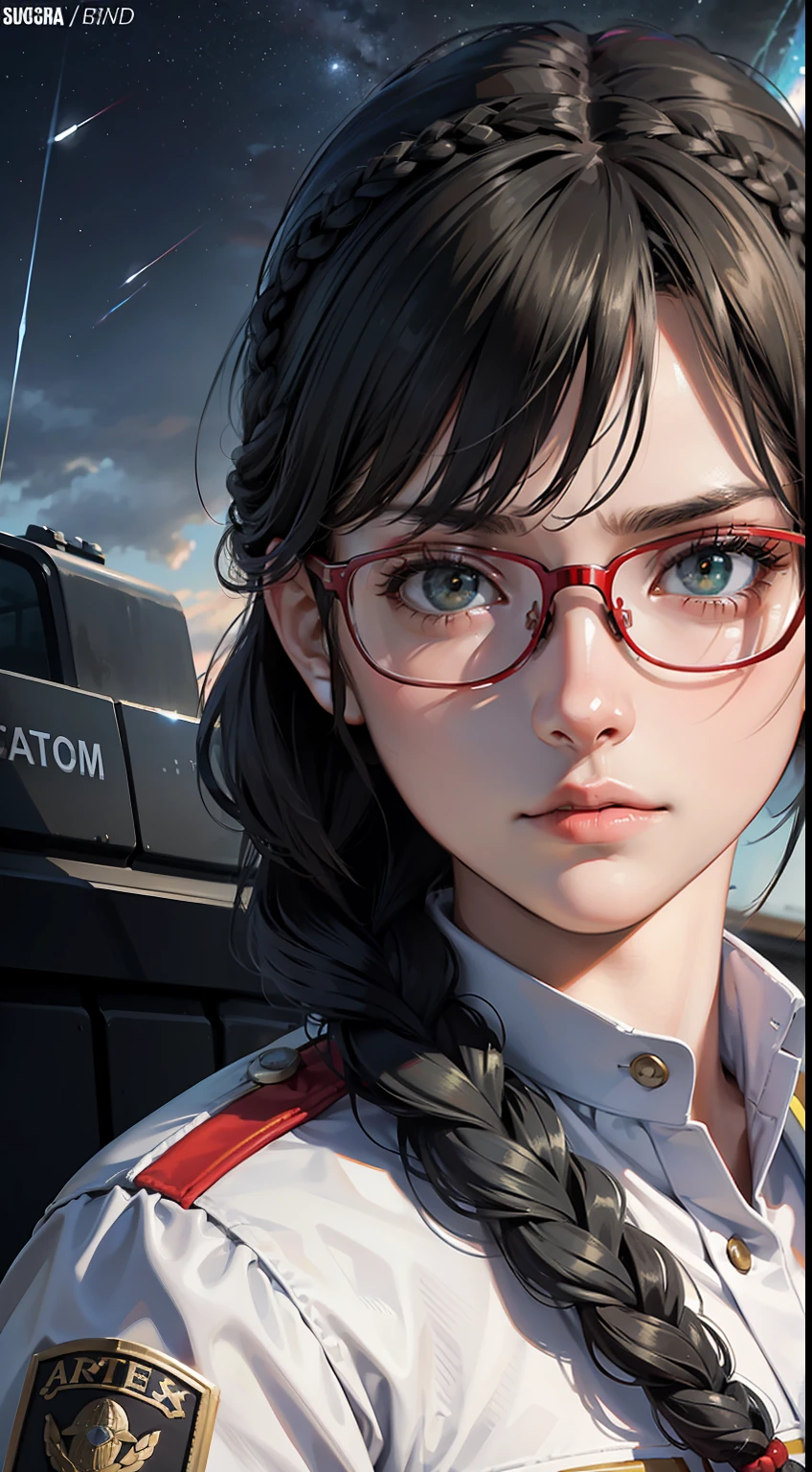 Movie Poster,((Braid Hairstyle : 1.5)),Anime Reference 86 ,Science Fiction,Sci-Fi,Movies,War Action Movies,Space,Atmosphere,Sky,Battleship,Multiple Characters,Women,Adults,Green Eyes,Black Hair,(Pia bangs hairstyle) : 1.8 ),(Red Glasses),General Uniform,White Commander Uniform,Serious Face Frowning,Realistic Face Detail,Realism,3D Face,