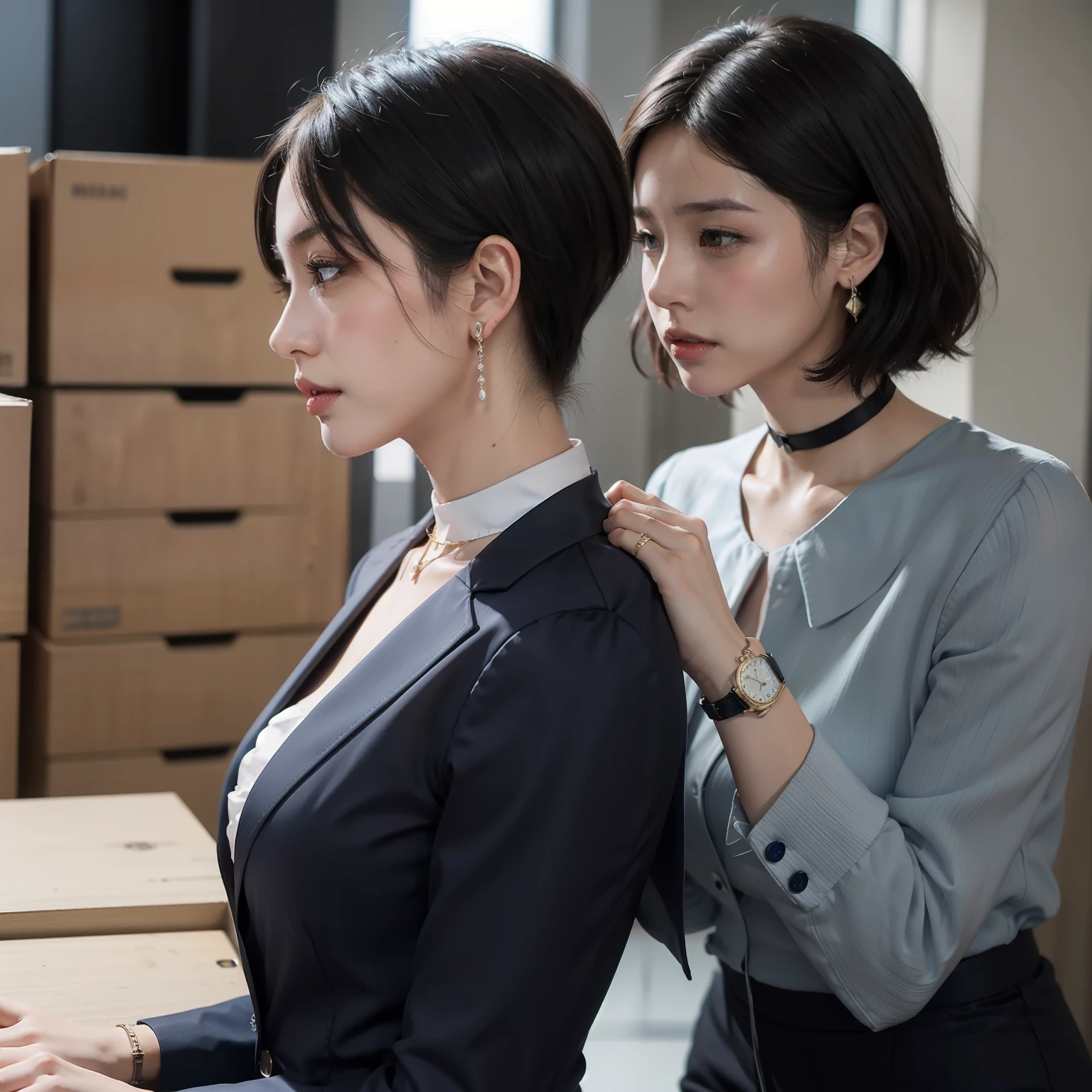 Physical features:High nose、Slender eyes、Perfect lips
Fair complexion,short detailed hair,Naturally scattered
Business attire,Bitchsuit、blue colors。
fittings:Wear some carefully selected accessories,Such as a watch、choker necklace、Earrings or rings,to increase the overall sense of fashion
A confident and determined temperament,The temperament of women in the workplace usually exudes charm and affinity