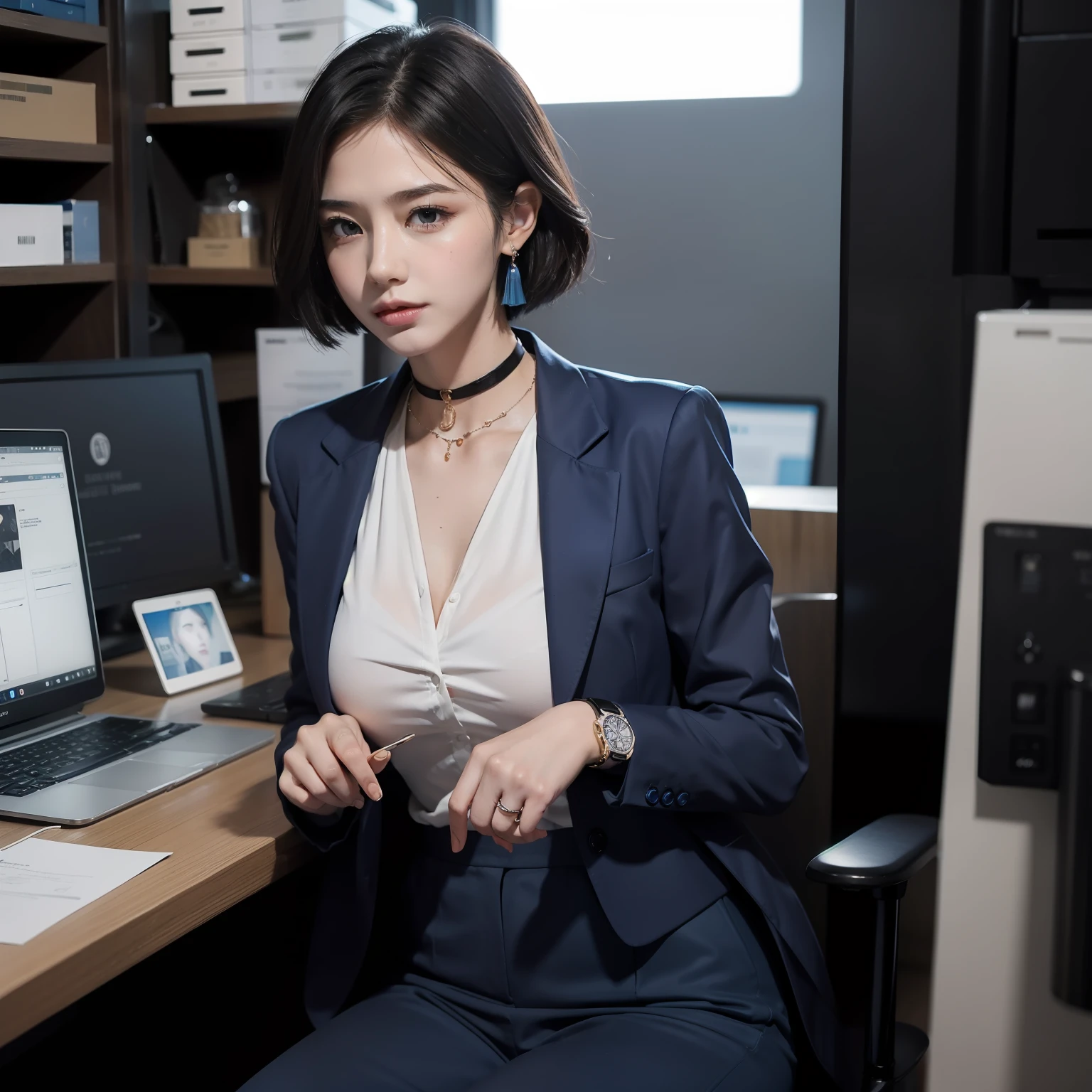 Physical features：High nose、Slender eyes、Perfect lips
Fair complexion，short detailed hair，Naturally scattered
Business attire，Bitchsuit、blue colors。
fittings：Wear some carefully selected accessories，Such as a watch、choker necklace、Earrings or rings，to increase the overall sense of fashion
A confident and determined temperament，The temperament of women in the workplace usually exudes charm and affinity