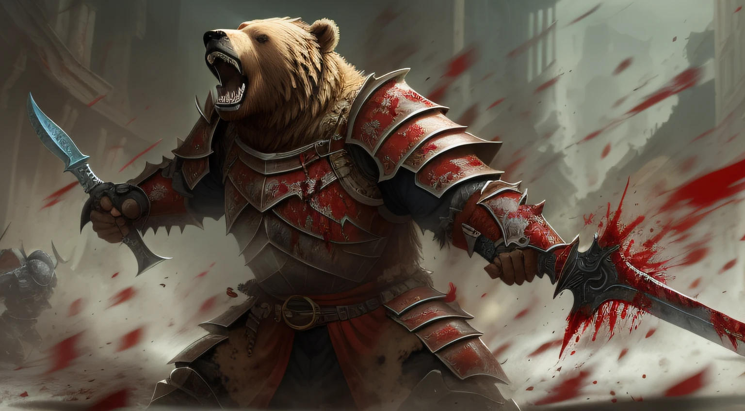 "Bear warrior, fearsome armored knight engaged in a brutal battle, drenched in blood and surrounded by gore, fiercely enraged."