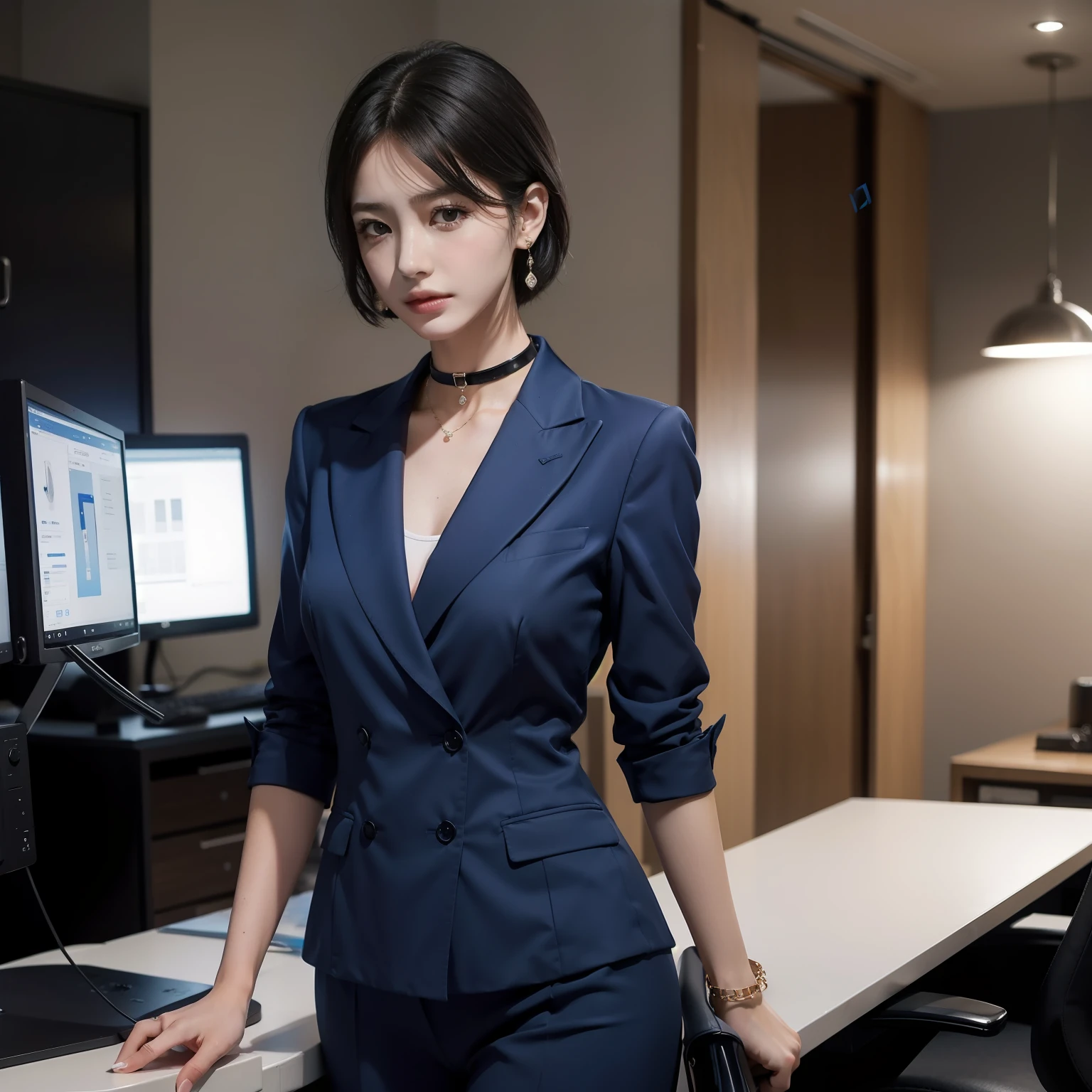 Physical features:High nose、Slender eyes、Perfect lips
Fair complexion,short detailed hair,Naturally scattered
Business attire,Bitchsuit、blue colors。
fittings:Wear some carefully selected accessories,Such as a watch、choker necklace、Earrings or rings,to increase the overall sense of fashion
A confident and determined temperament,The temperament of women in the workplace usually exudes charm and affinity