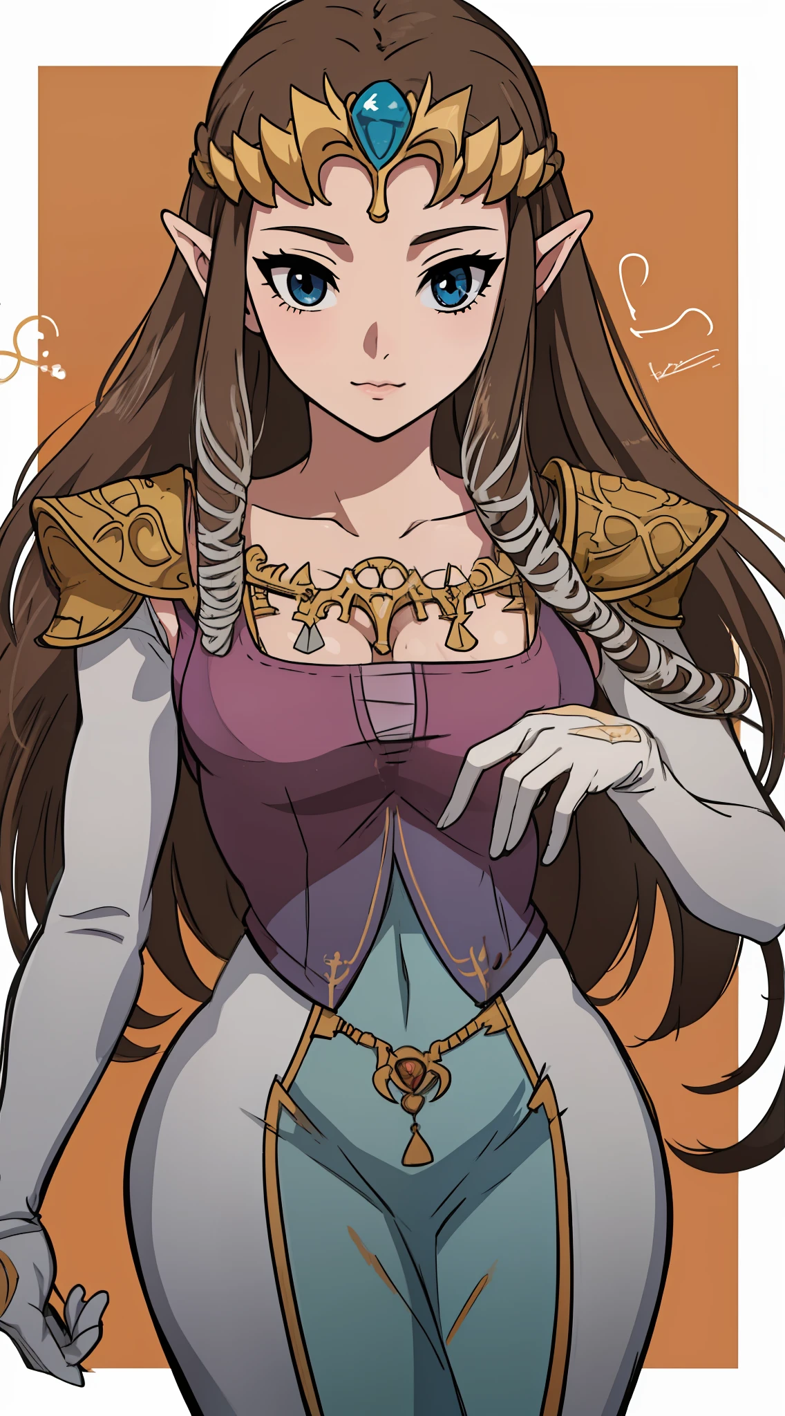 8K high quality, high accuracy, MILF, Princess Zelda, beautiful figure, beautiful face, small face, twilight princess, beautiful, bright, highlights in eyes, small ears, brown hair, very big breasts, beautiful line drawing. Black bunny suit, net tights on legs, shiny outfit, depicted from head to waist, blue eyes,