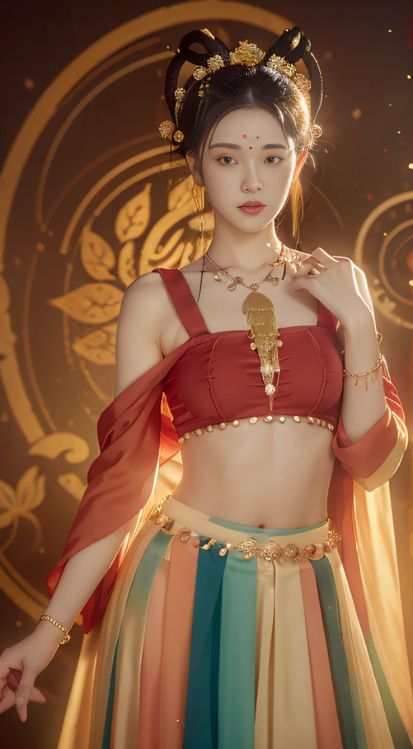 (8k, RAW photo, best quality, tmasterpiece:1.2), (realistic, photo-realistic:1.4), (Extremely detailed CG unity 8k wallpaper), （1 girl：1.5）,Beauty of the Western Regions，（Red clothes：1.4），There are red spots on the forehead，Pale skin，Blushlush，largeeyes，full bodyesbian，upper legs，Open navel，Gold-tone waist chain，golden ornaments，Flying ribbons，Particle，The background is the ancient city of Loulan， Ancient city walls，A desert，Flying、dunhuang、Buddhism、、Dark green transparent bracelet、lotus flower、eye shadows、Blushlush