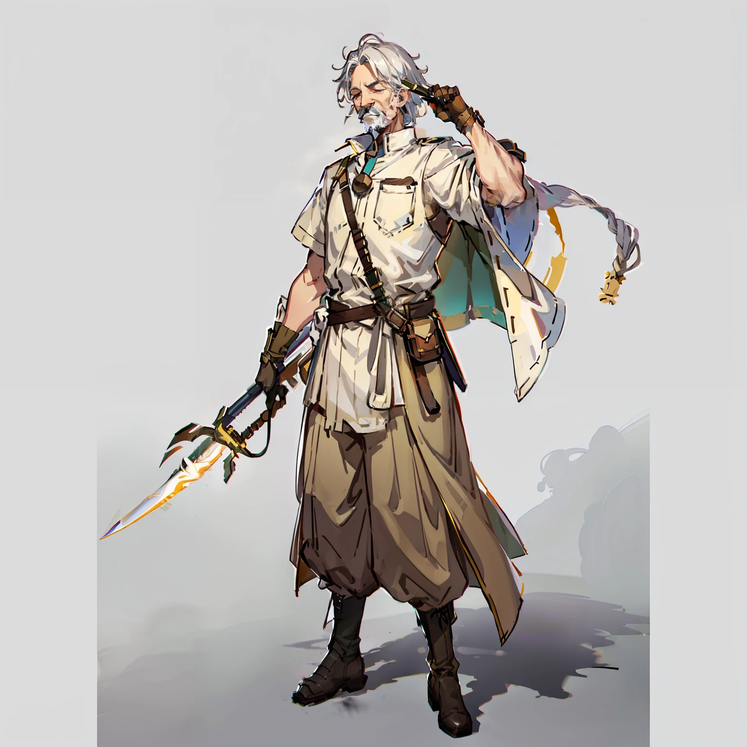 forerunner, Old Man, No background, White background, Holding a wand, Holding a knife, Eyes closed, White hair, Full body shot, long boots, hickory, Short hair, mustache, Wide pants, old clothes, brown and green dress,