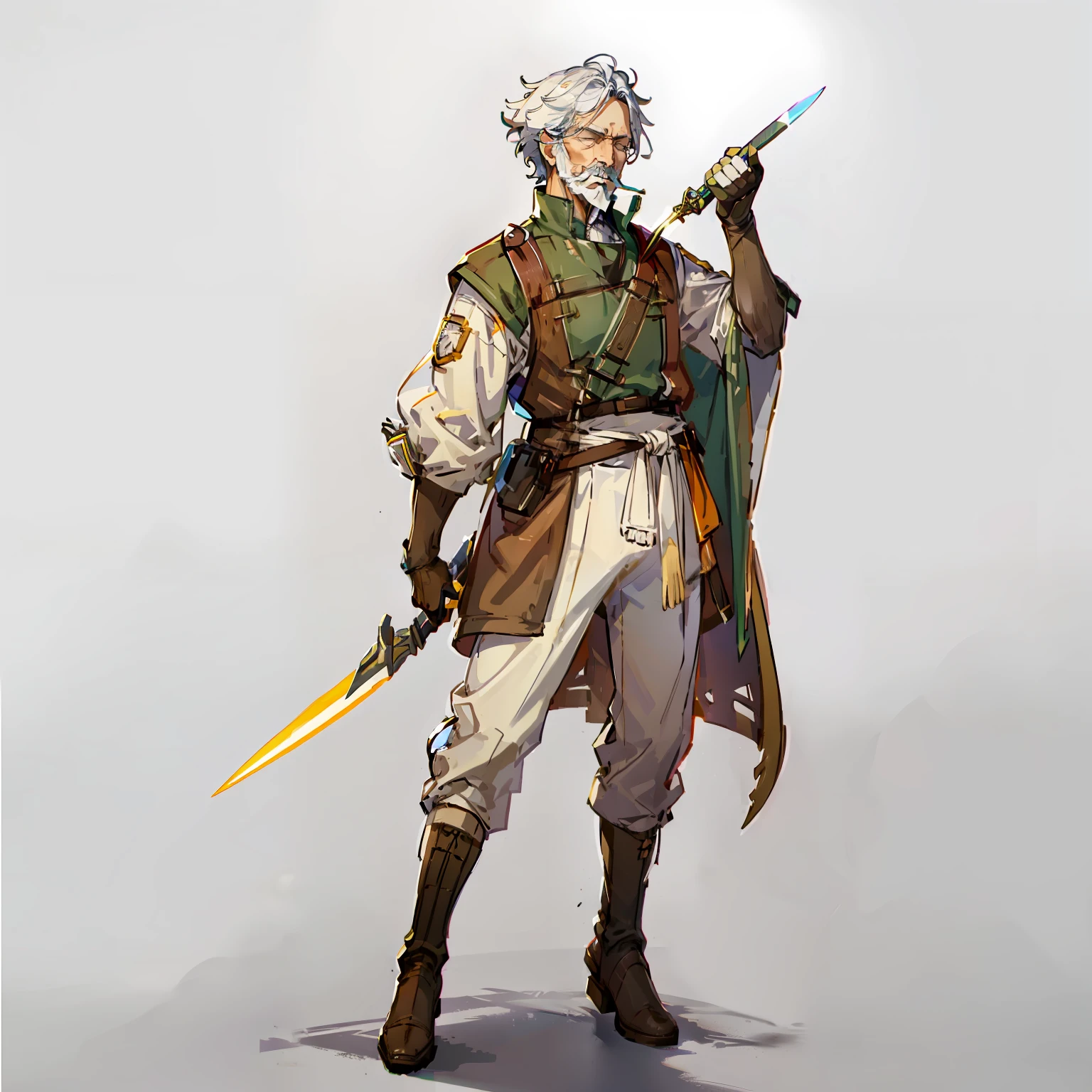 forerunner, Old Man, No background, White background, Holding a wand, Holding a knife, Eyes closed, White hair, Full body shot, long boots, hickory, Short hair, mustache, Wide pants,  old clothes, brown and green dress,