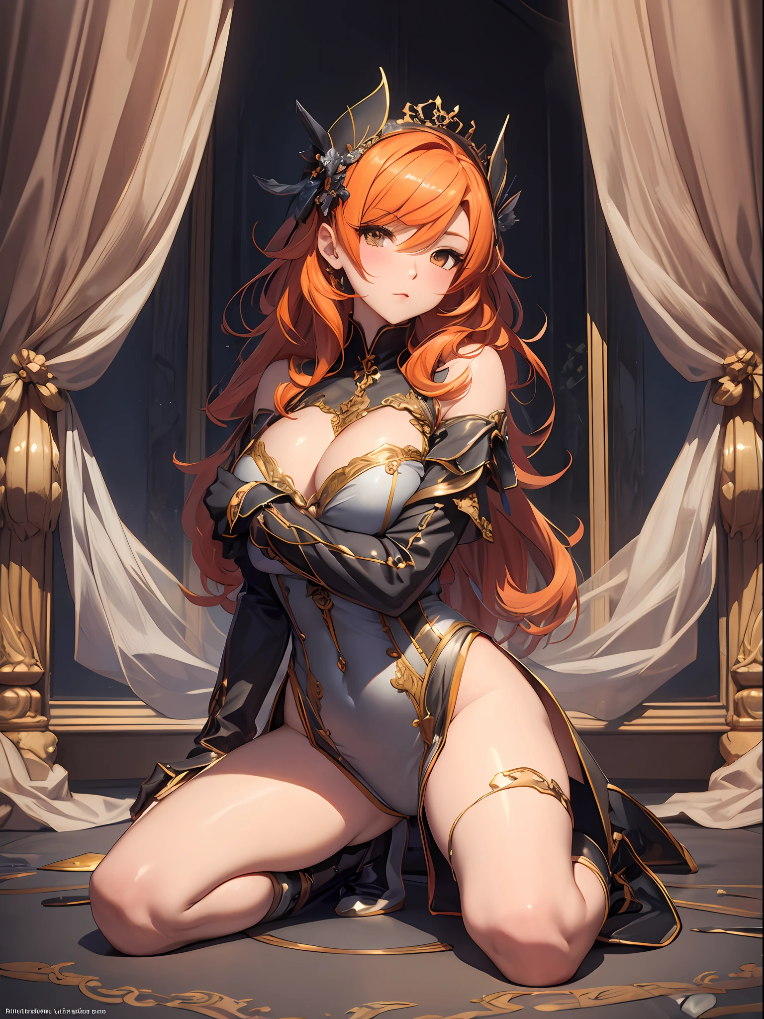 (Enrich the picture,Masterpiece level quality)Beautiful 8K CG artwork,Goddess-like posture,Kneeling exercise,Slim and soft,Translucent skin,Orange hair、The aesthetic look of extra-long and messy hair,The skin is fair and juicy,Big JK Uniform,Perspective Part 1.2x enhanced silhouette effect,Exquisite transparent blues pattern in pajamas,The details are intricate and exquisite,The background is slightly blurred,Charming and lustful leg seduction,Drool,Extra-large big breasts,Blush,