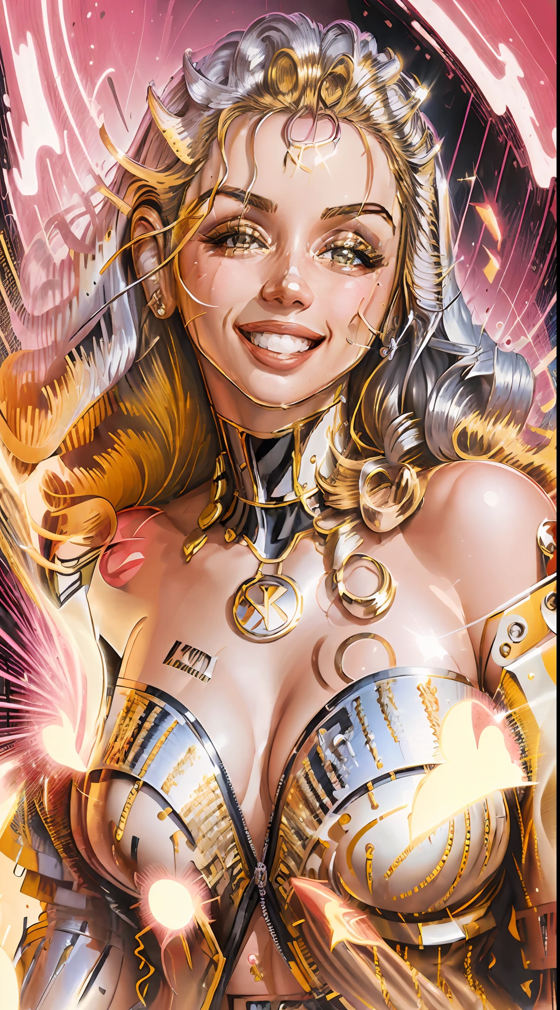 8k portrait of a beautiful cyborg with silver chrome skin, wearing gold jacket, a Sorayama Style, beautiful wavy hair, ana de armas, smiling showing teeth, masterpiece, sorayama illustration, Futurism, vibrant and bold pop art with high contrast colors, dynamic composition, and exaggerated details, nice hands, perfect hands