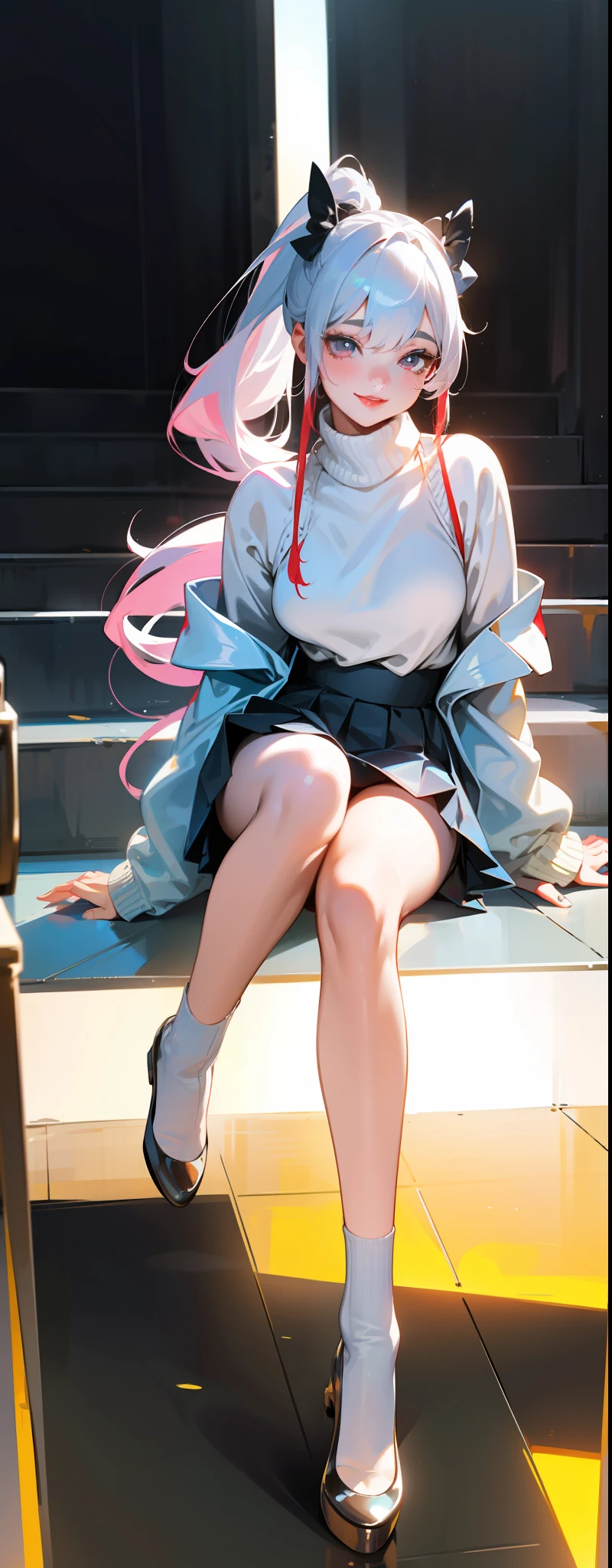 Blue double ponytail，Perfect face shape，Extra-large eyes like to talk，Red lips smile，slightly red face，Yellow plush sweater，White pleated skirt，Long legs sit on the ground，facing to audience，Pose for a photo，Perfect light