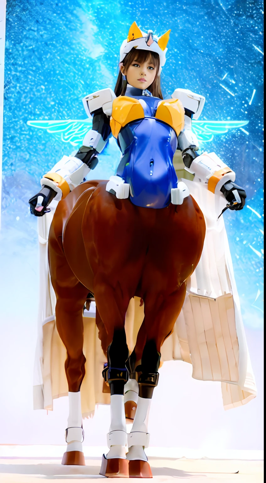 A female centaur,She is famous in the multiverse,She is both a female centaur, half human, half horse, half horse,It is also a female Yingzhao。She blends both images,The first is the head of a horse/neck/Shoulder these parts,After feminization,The upper body transforms into a beautiful female human,Female, half-centaur, half-human, half-horse, half-human,The second is the waist of the horse/hason/gluteal/Legs feminine,Female half-horse with beautiful woman's,Chimer,It's like a female human wearing a half-horse-like costume and making a seamless chimera,This chimerization is based on powerful futuristic technology。The ultra-wide-angle lens captures the image of her sleek and ethereal wings charging and leaping on the ionosphere。Her front half is distinctly feminine,Tall sexy body,Has K cup teardrop-shaped giant tit chest,It has a small man's waist butterfly spanning long legs,The half-horse part of the hind body,Embedded interface in the front half of the body hip position。The horse-shaped, half-horse torso form of her back body is completely female and humanized。A sexy bent dog-style shaped ribcage embedded in the lower back position of the beautiful woman's body from the upper end of the sternum/lower back/Ventral transverse。Then there are the sexy beauty's upright hips,Her entire body has been completely feminized,Including the half-horse part。Mechanized armor covers the legs with knee-shaped anti-joints and feet,And these parts are highly anthropomorphic,This makes her legs graceful and slender,Her four horse legs exploded in length proportions and was slender and toned,Under the legs are skinny white feet dressed in Skyscraper Heels,Use Midjourney's advanced stroke tools and color palettes, as well as texture packs, model packs, and texture tools,Concentration,Femaleize all parts of her original equine physiologic appearance,And give these parts an ergonomic appearance,Fine treatment of the thoracic and abdominal cavity of the posterior body,As well as hips and