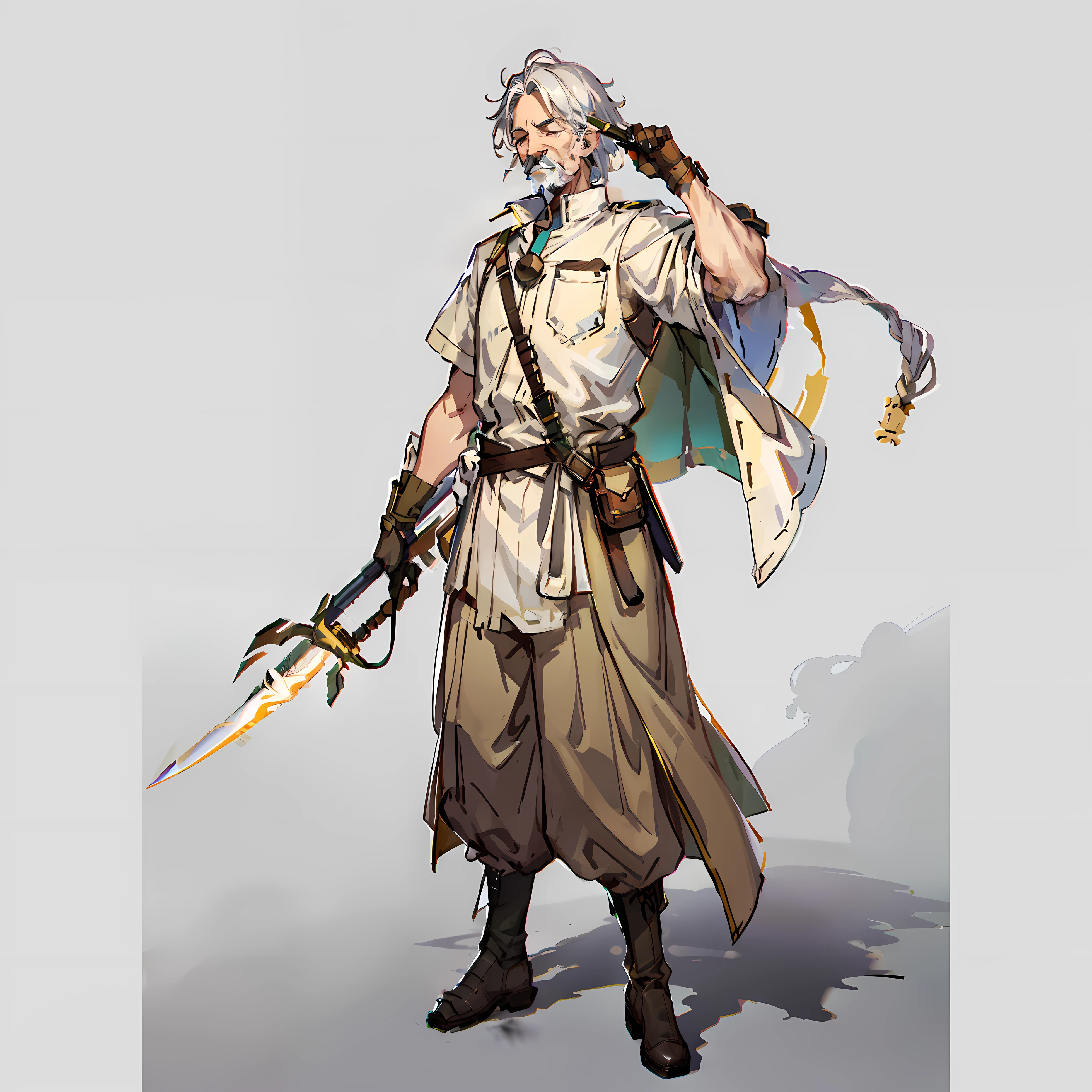 forerunner, Old Man, No background, White background, Holding a wand, Holding a knife, Eyes closed, White hair, Full body shot, long boots, hickory, Short hair, mustache, Wide pants, old clothes, brown and green dress,