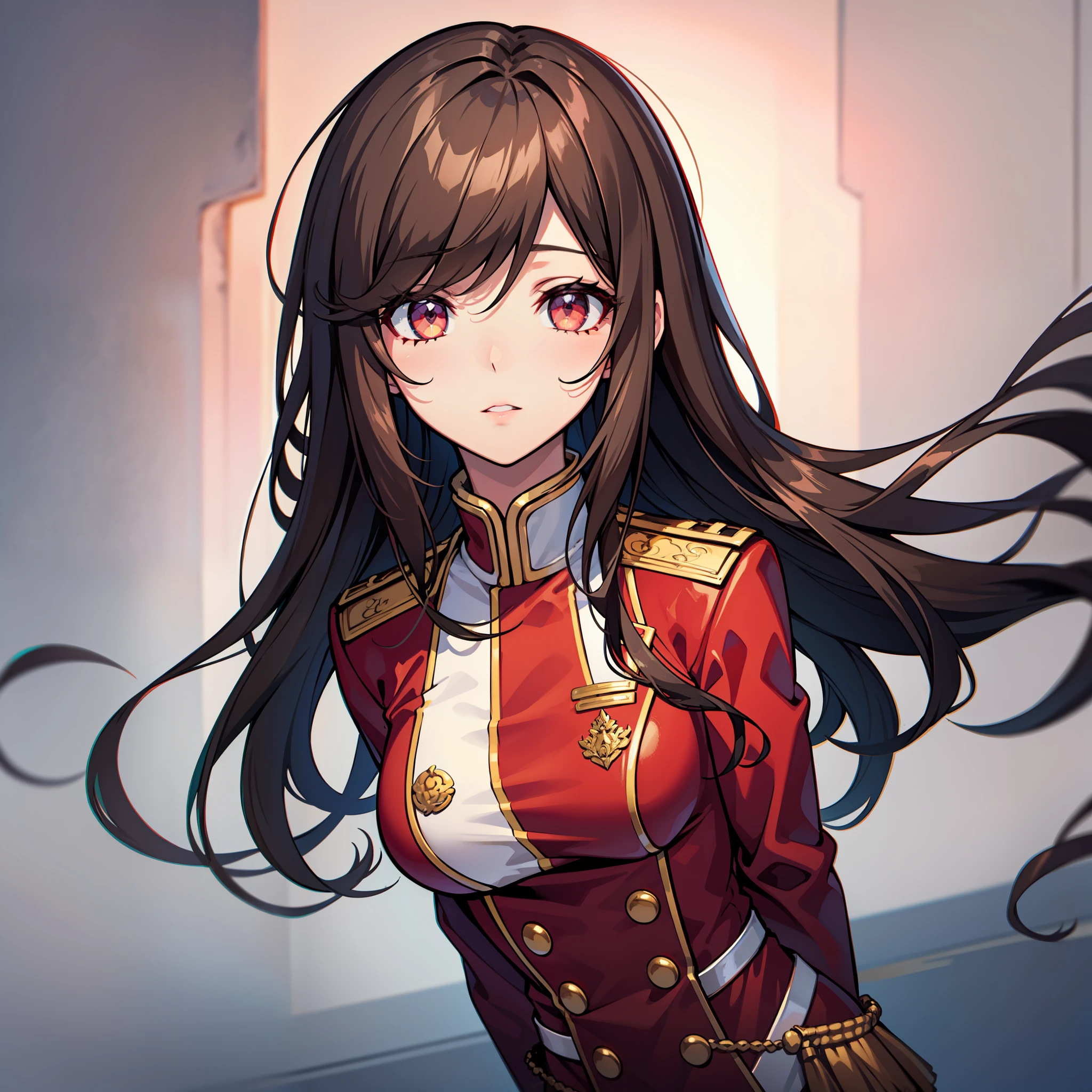 Long brown hair with right-swept bangs, crimson eyes, red uniform, intricate eye details, masterpiece, top-notch quality.