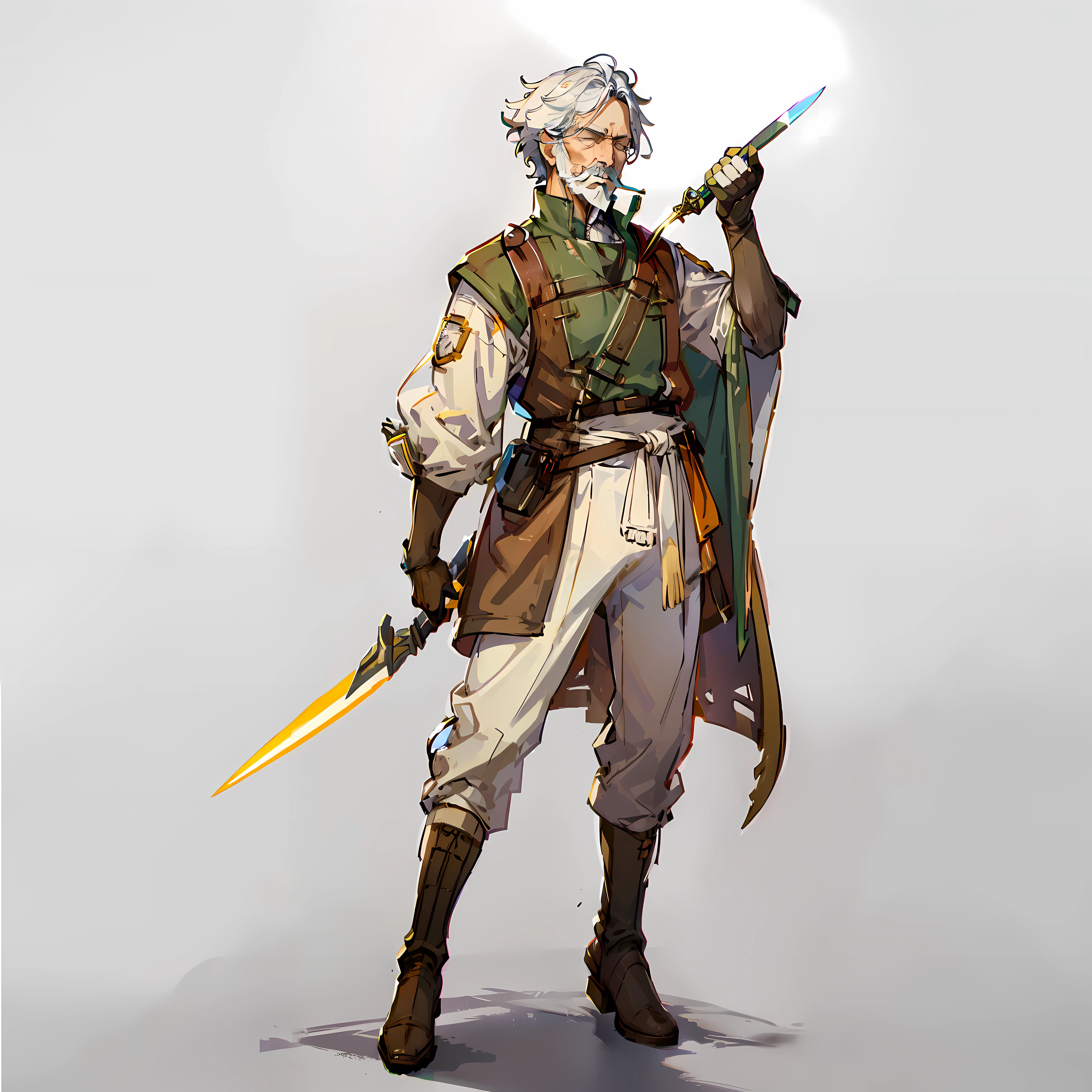 forerunner, Old Man, No background, White background, Holding a wand, Holding a knife, Eyes closed, White hair, Full body shot, long boots, hickory, Short hair, mustache, Wide pants, old clothes, brown and green dress,