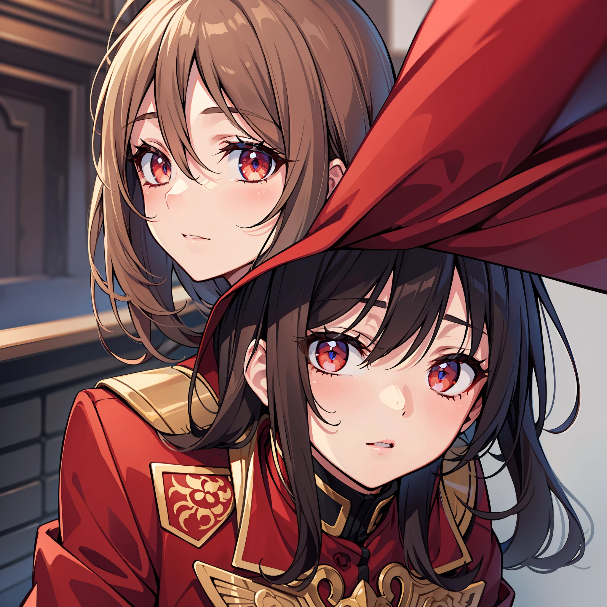 Long brown hair with right-swept bangs, crimson eyes, red uniform, intricate eye details, masterpiece, top-notch quality.