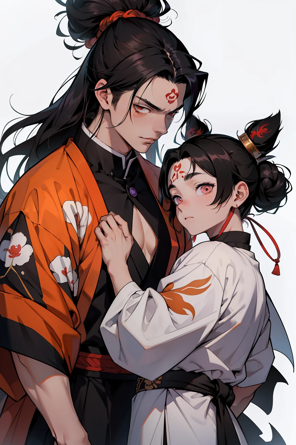 (melhor qualidade)), ((obra-prima)), (altamente detalhado:1.3) a man wearing oni hunter clothes (kimetsu no yaiba), segurando uma katana, japones, pale skinned, muscular body, long black hair stuck in the bun on the top of the head;, segurando um cetro dourado, parecido com o Miroku (inu-yasha) next to a pale woman with long, black hair with bangs wearing hashira uniform (kimetsu no yaiba), parecida com a Kikyo (inu-yasha), holding a chakran, plano de fundo um templo shintoista no crepusculo