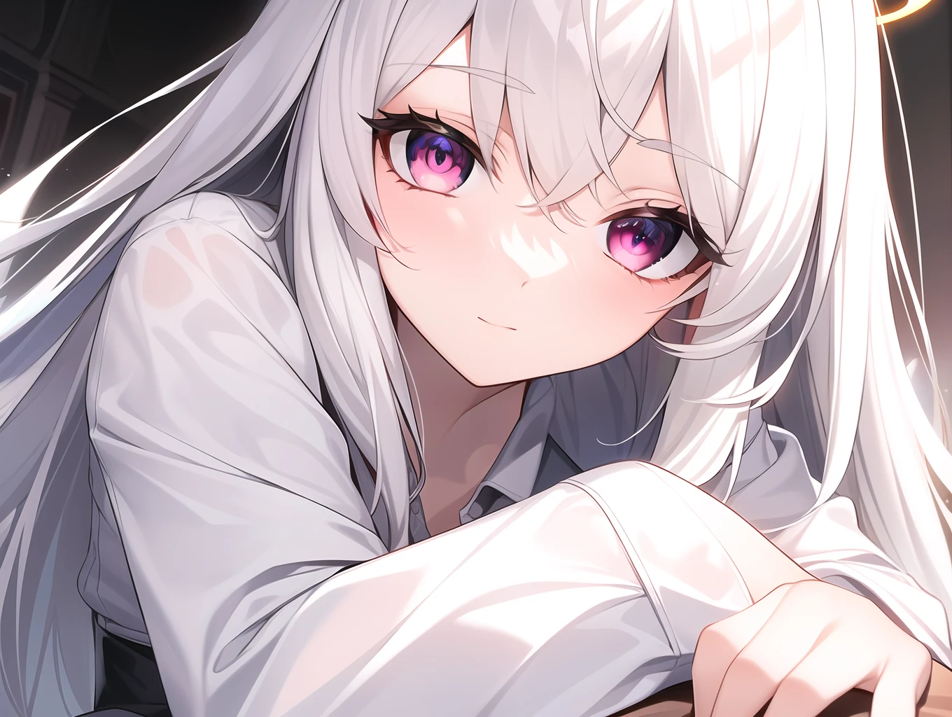 ((Masterpiece, Best quality))++, Detailed light+, Detail hair+, detail hand+ ,1girll, woman, Long hair, Crimson eyes, Beautiful eyes, Young gray hair,,(Beautiful white hair:1.5),(Beautiful detailed eyes), high resolution+, blacksilk , a black skirt, Glass tones, Reflective eyes, ((Halo)), {{Angle}} , extremelydetailedwallpaper, Original, ,