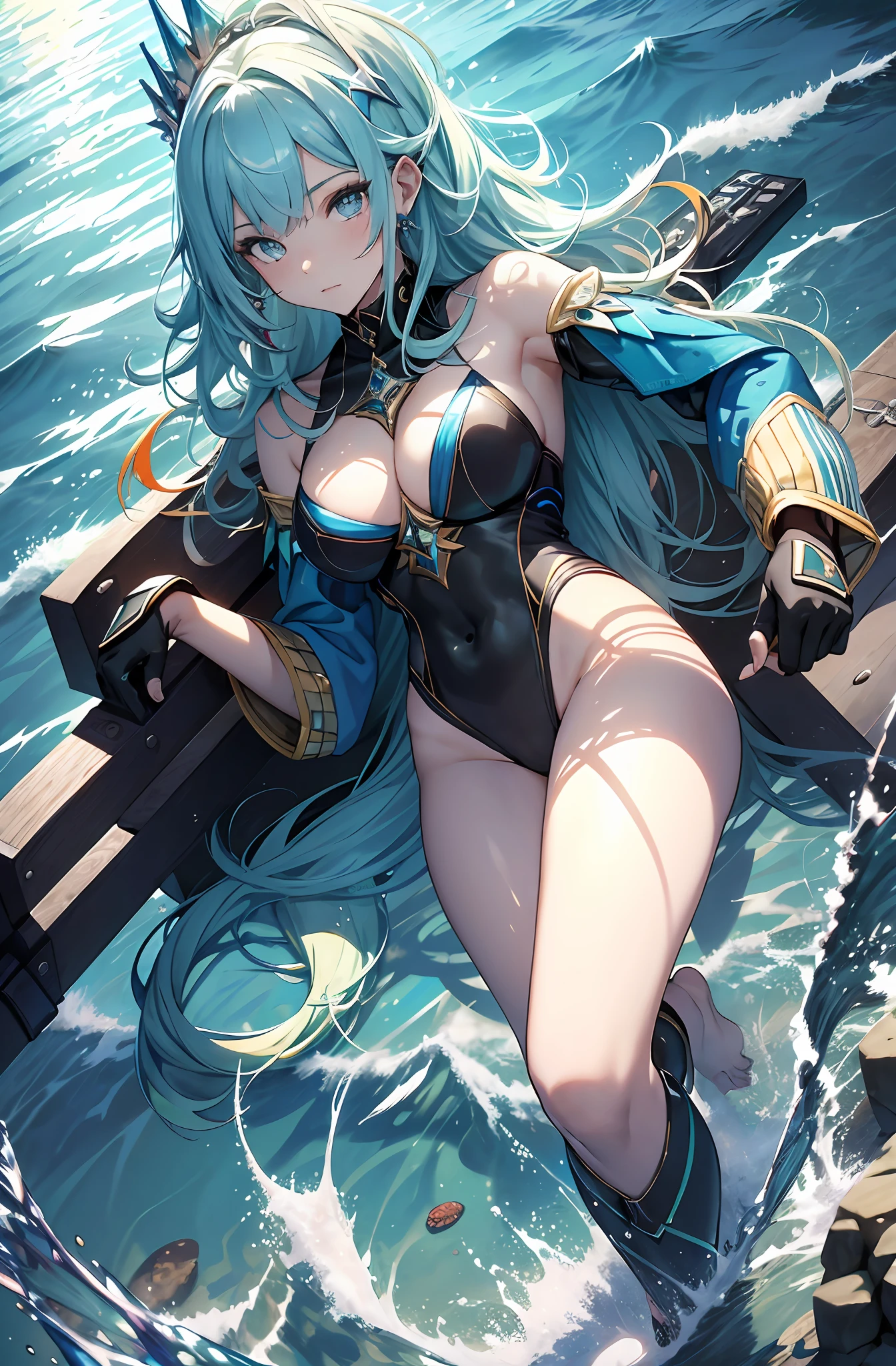 best qualityer,tmasterpiece,Ultimate resolution,downy,Extremely colorful,Colorful,Mermaid princess,cabellos largos dorados,a matural female,blue bikini,The kinky is exposed,The barefoot,the ocean,blue skinsuit,Normal posture