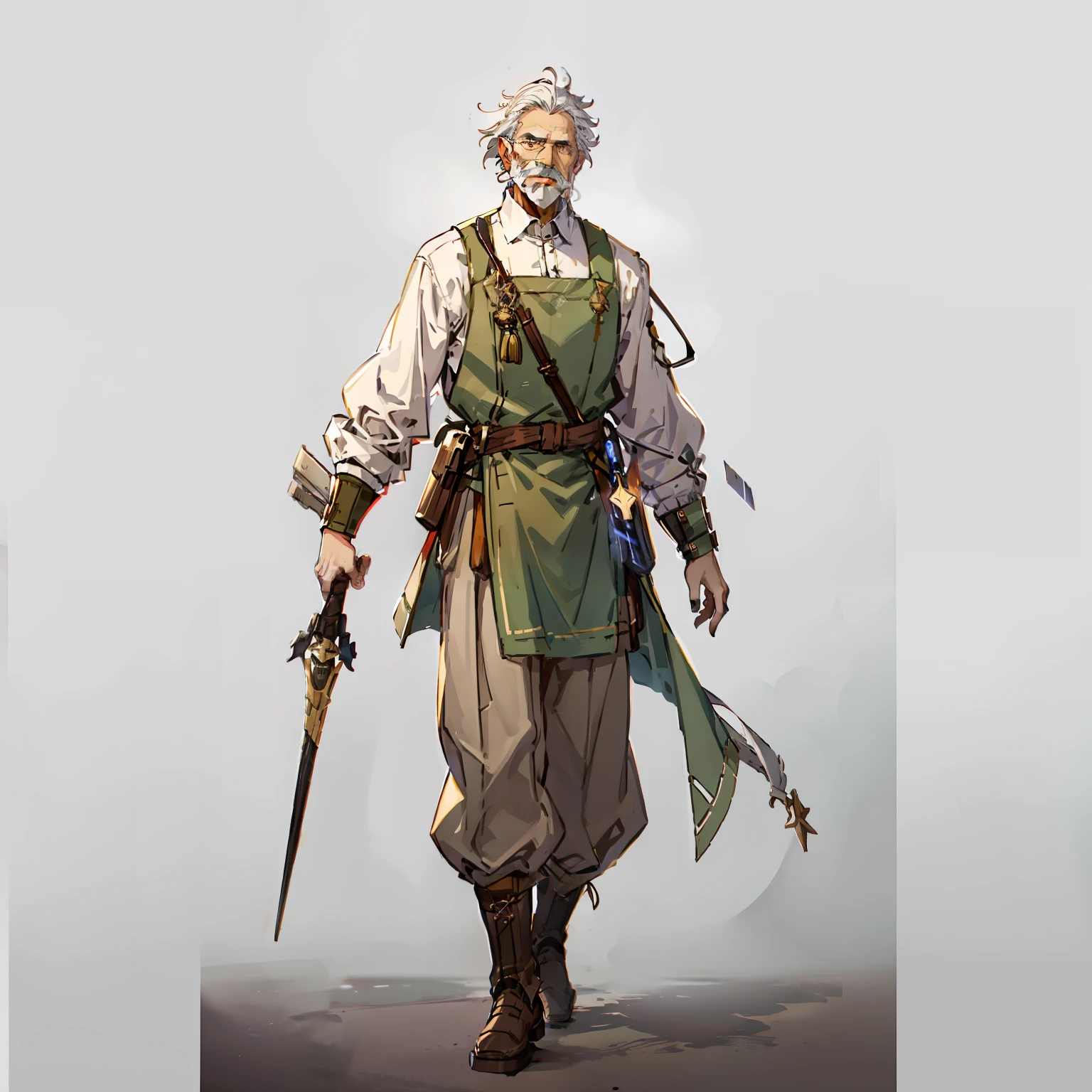 forerunner, Old Man, No background, White background, Holding a wand, White hair, Full body shot, long boots, hickory, Short hair, mustache, Wide pants,  Thrift, Brown and green dresses,